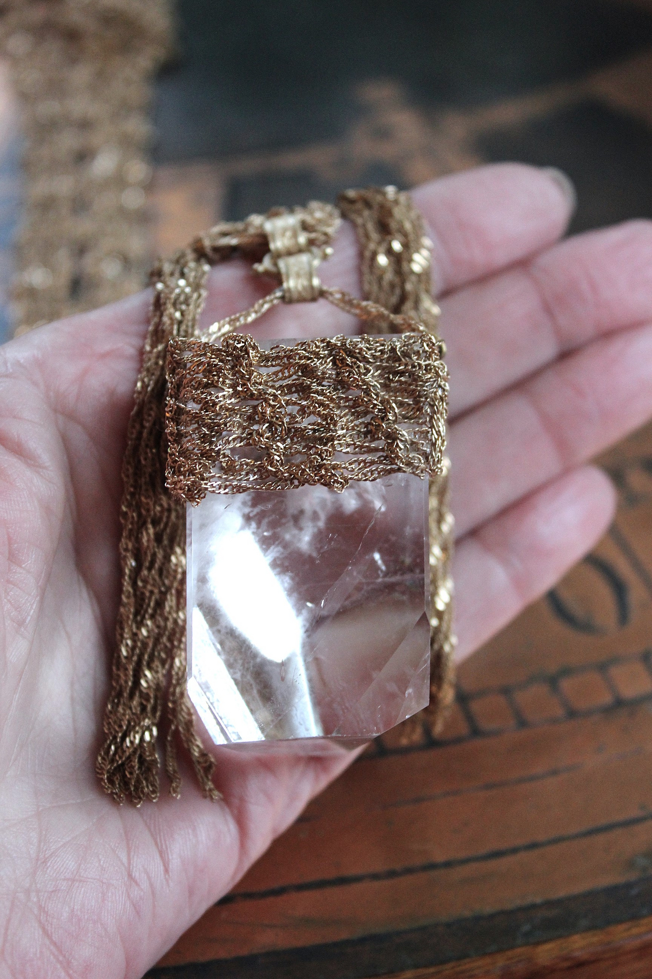 Tower of the Past Necklace with Crocheted Chain and One of a Kind Clear Rock Quartz Pendant