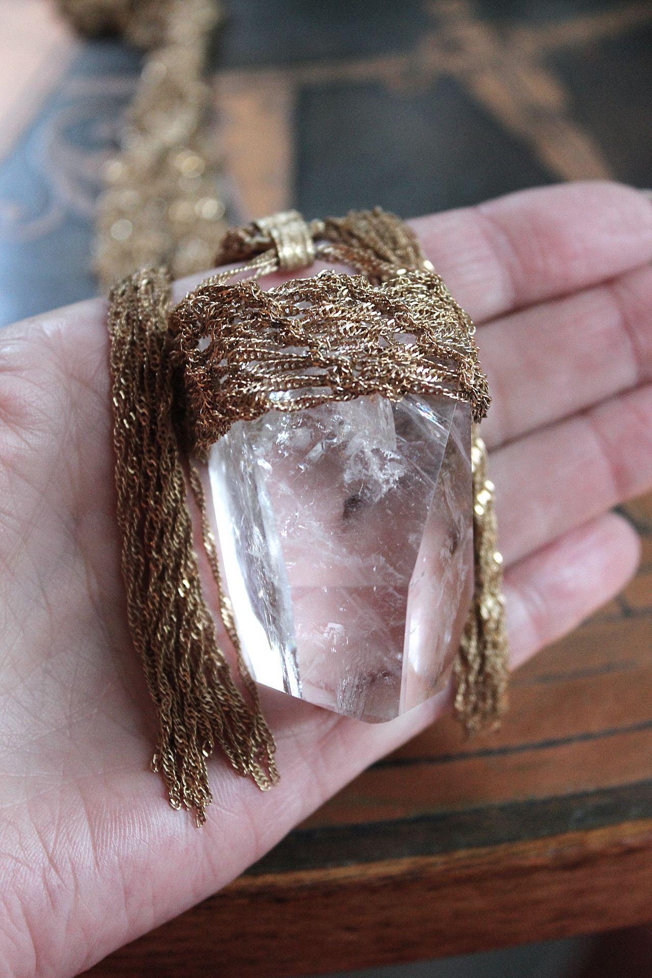 Tower of the Past Necklace with Crocheted Chain and One of a Kind Clear Rock Quartz Pendant