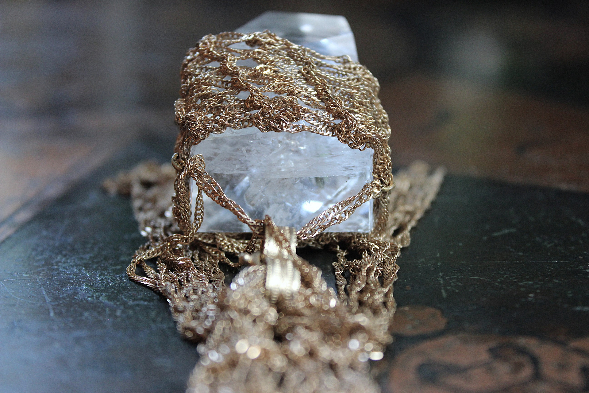 Tower of the Past Necklace with Crocheted Chain and One of a Kind Clear Rock Quartz Pendant