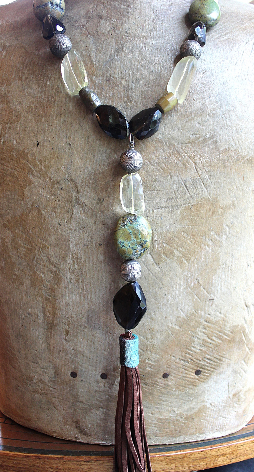 The Grounding Necklace with Faceted Smoky Quartz, Lemon Quartz ,Lone Mountain Turquoise,Rare Antique Engraved Silver Beads,Antique Serape Fragment