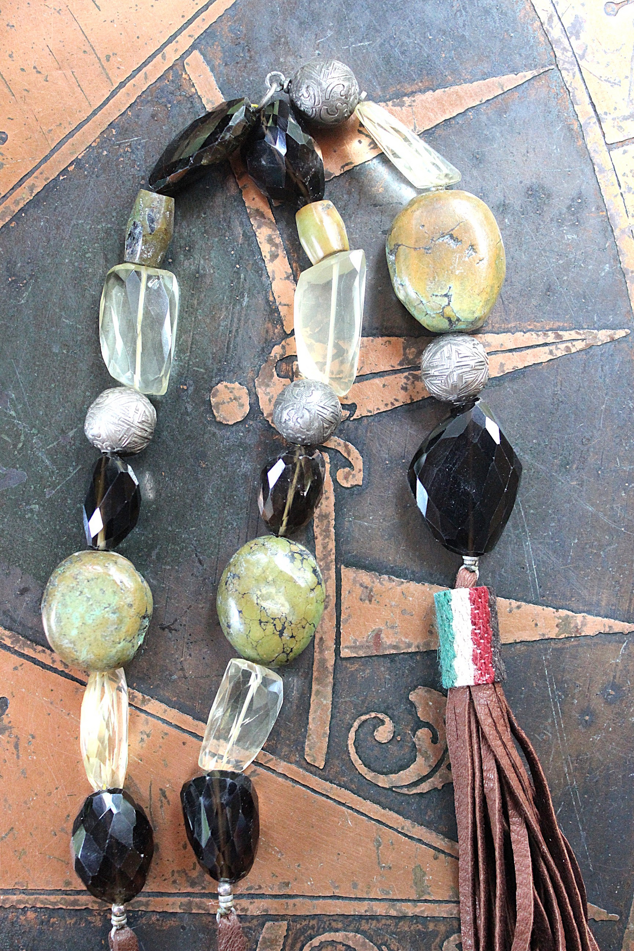 The Grounding Necklace with Faceted Smoky Quartz, Lemon Quartz ,Lone Mountain Turquoise,Rare Antique Engraved Silver Beads,Antique Serape Fragment