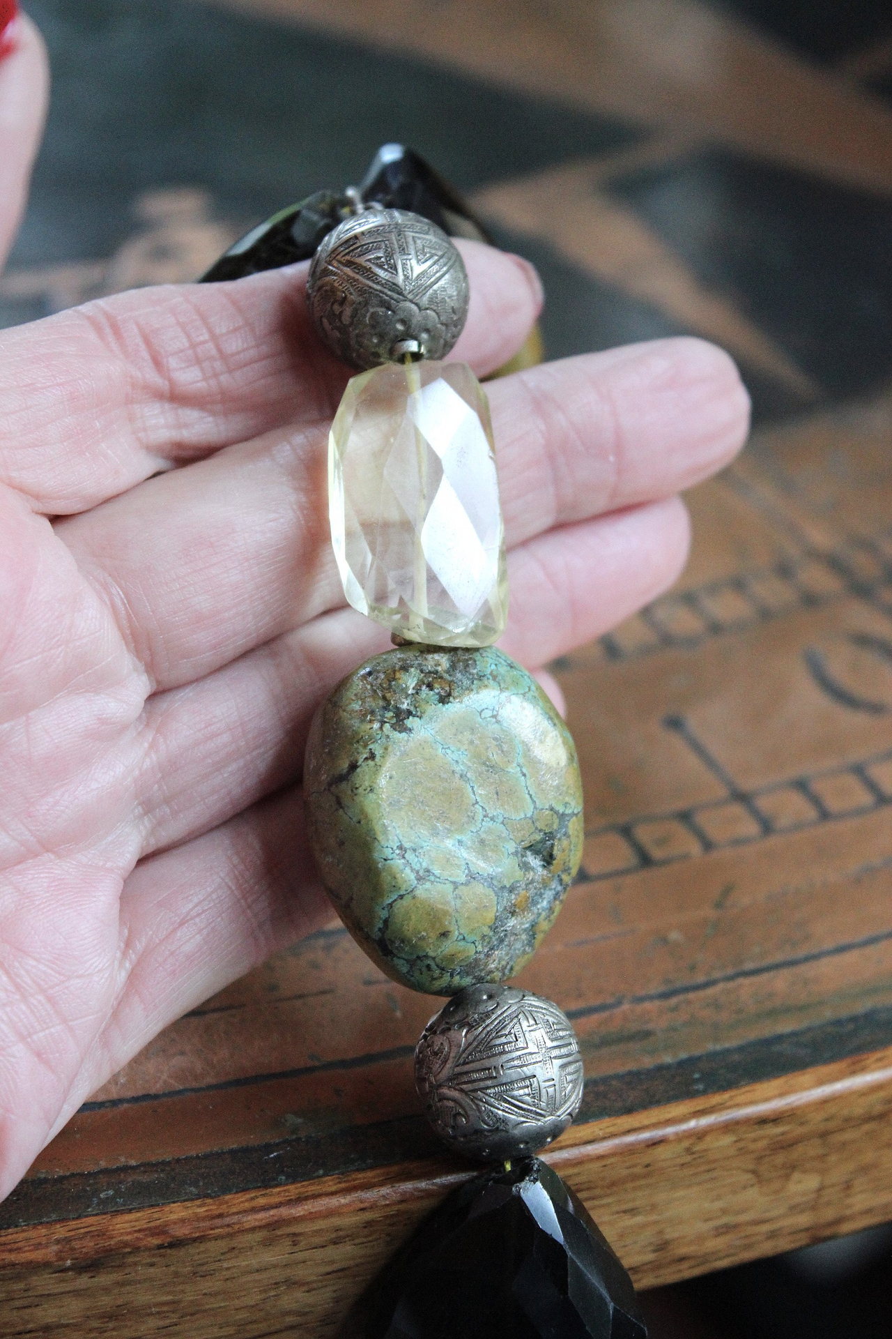 The Grounding Necklace with Faceted Smoky Quartz, Lemon Quartz ,Lone Mountain Turquoise,Rare Antique Engraved Silver Beads,Antique Serape Fragment