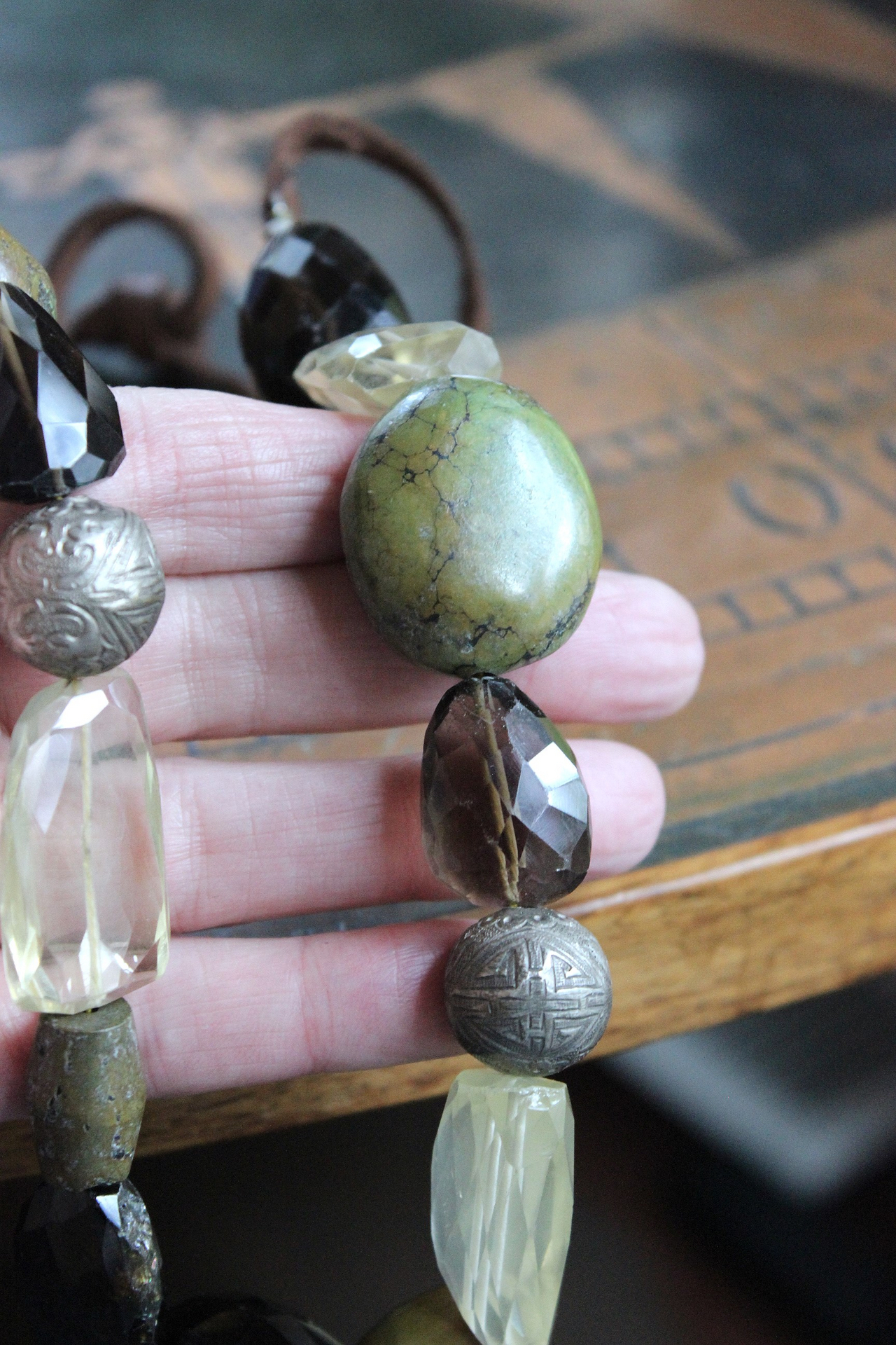 The Grounding Necklace with Faceted Smoky Quartz, Lemon Quartz ,Lone Mountain Turquoise,Rare Antique Engraved Silver Beads,Antique Serape Fragment