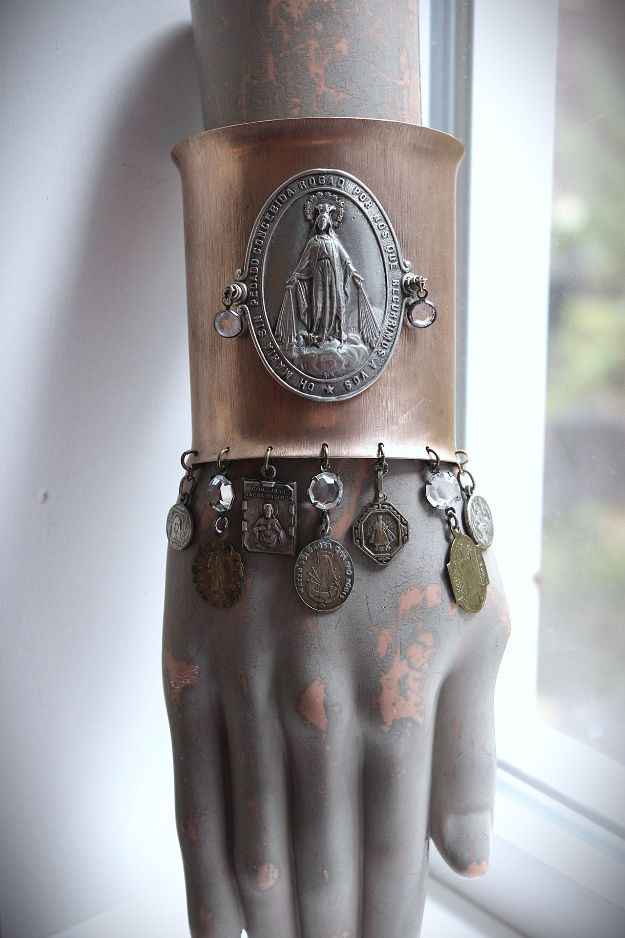 Italian Bronze & Silver Marian Cuff with Antique French Medals, Prong Set Crystals & Sterling Cross - Free Rings with Purchase!