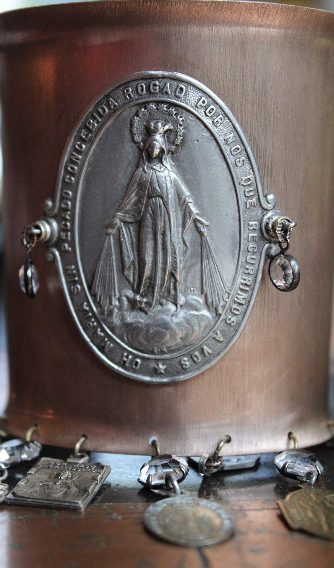 Italian Bronze & Silver Marian Cuff with Antique French Medals, Prong Set Crystals & Sterling Cross - Free Rings with Purchase!