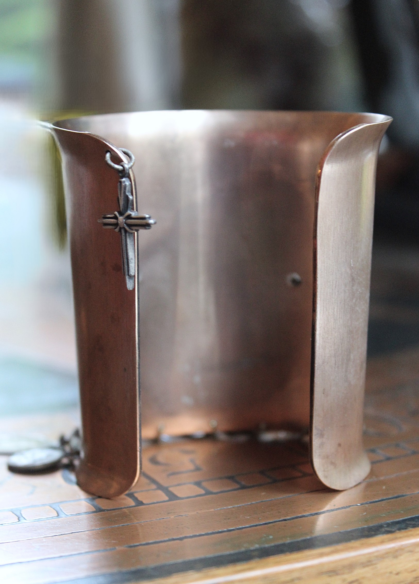 Italian Bronze & Silver Marian Cuff with Antique French Medals, Prong Set Crystals & Sterling Cross - Free Rings with Purchase!