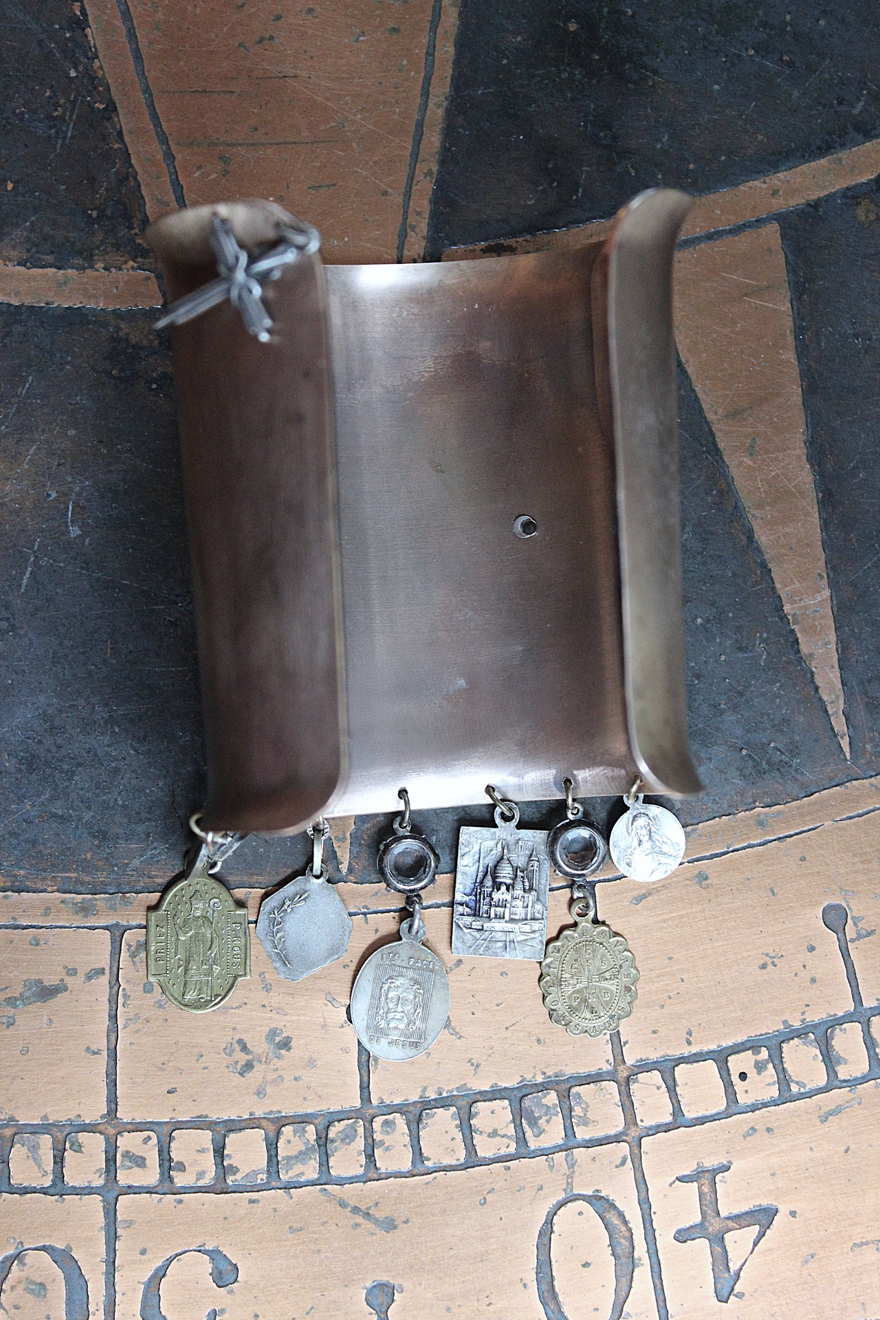Italian Bronze & Silver Marian Cuff with Antique French Medals, Prong Set Crystals & Sterling Cross - Free Rings with Purchase!