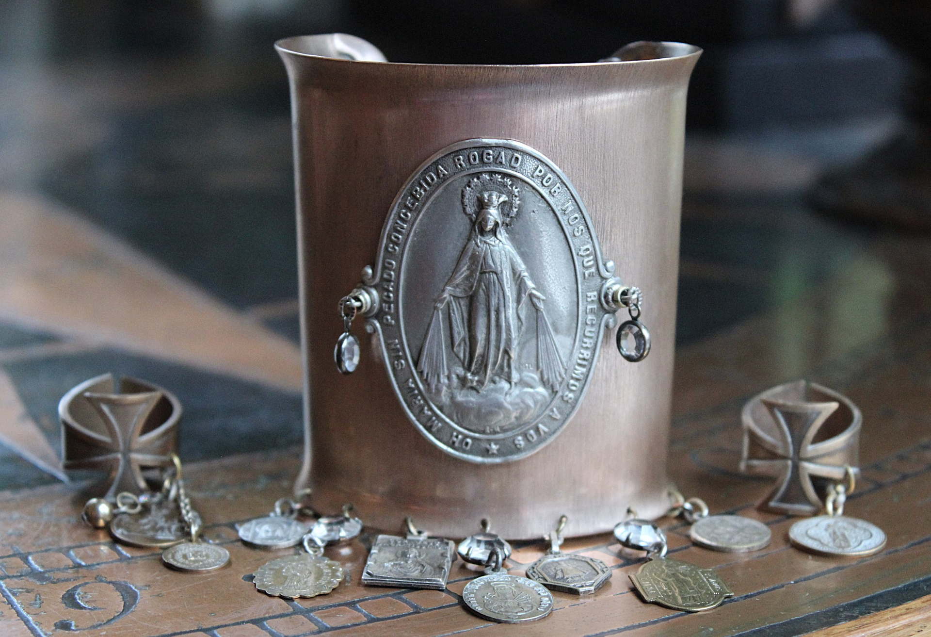 Italian Bronze & Silver Marian Cuff with Antique French Medals, Prong Set Crystals & Sterling Cross - Free Rings with Purchase!
