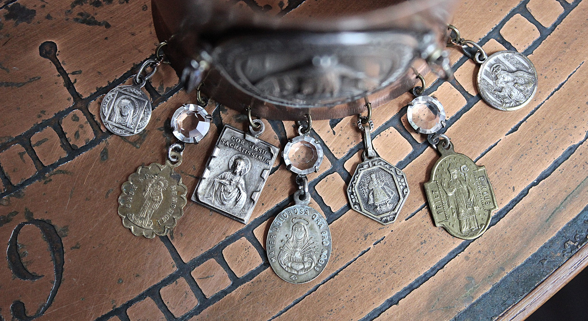 Italian Bronze & Silver Marian Cuff with Antique French Medals, Prong Set Crystals & Sterling Cross - Free Rings with Purchase!