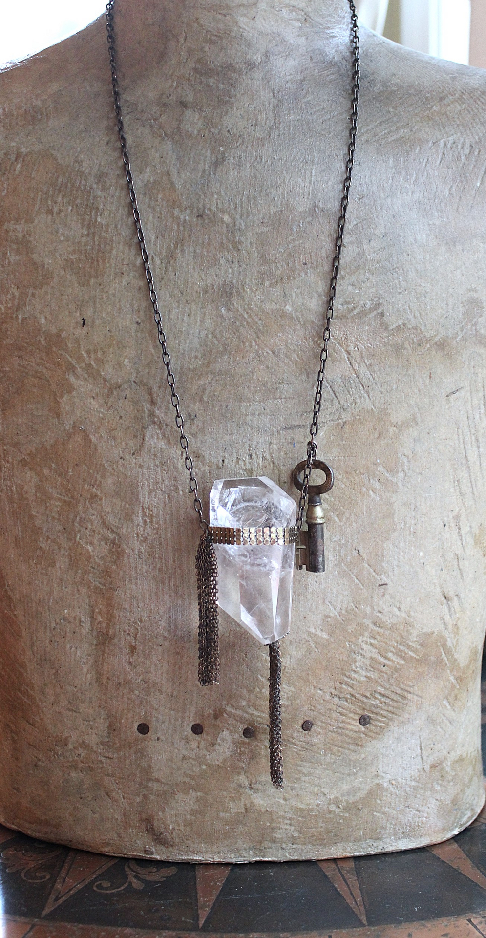 The Key Necklace with Unique Clear Quartz Pendant and Antique Padlock Key
