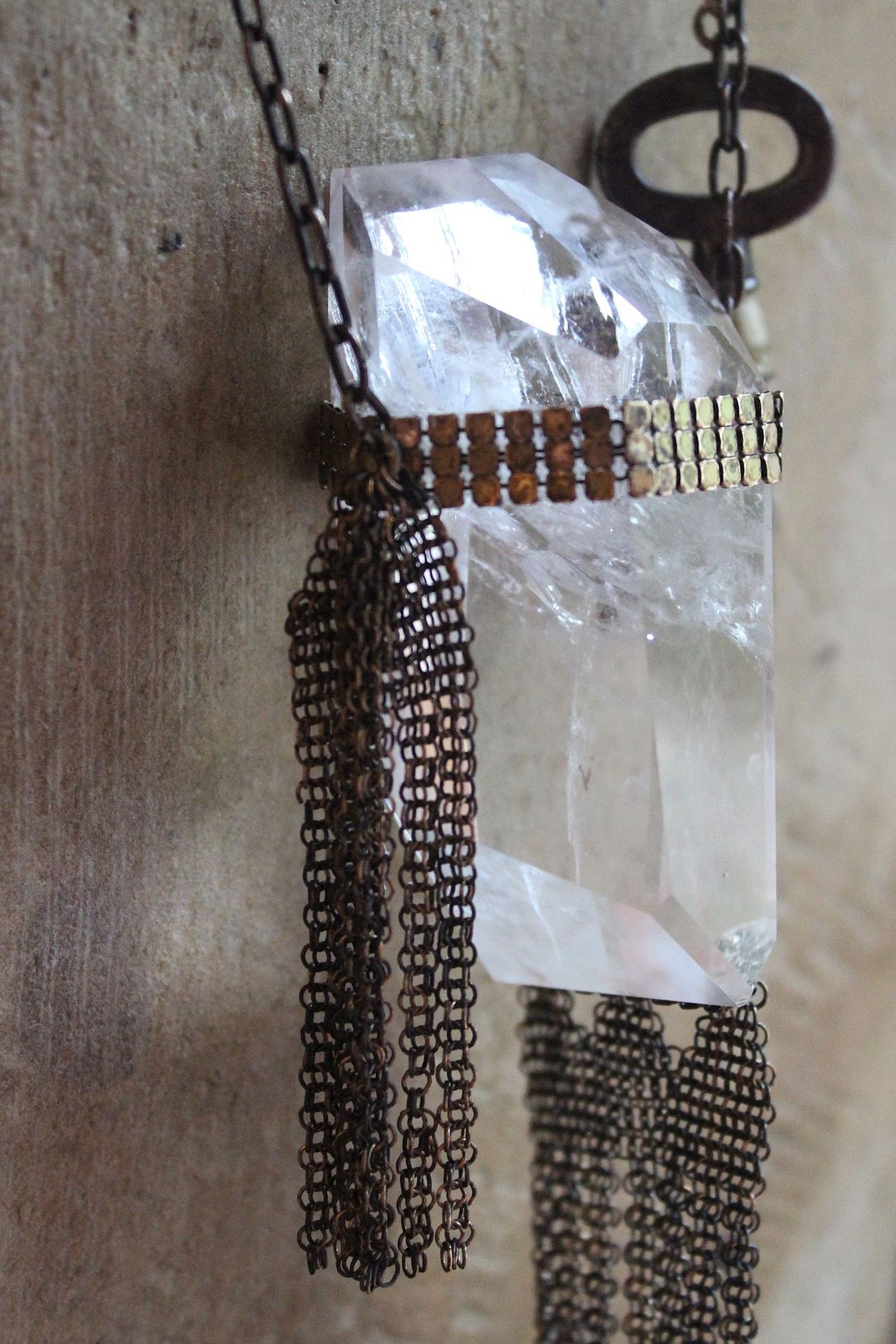 The Key Necklace with Unique Clear Quartz Pendant and Antique Padlock Key