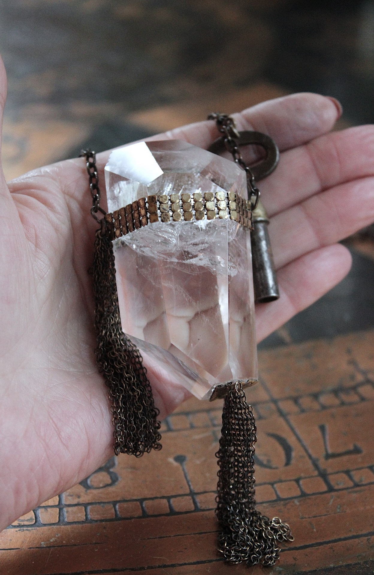 The Key Necklace with Unique Clear Quartz Pendant and Antique Padlock Key