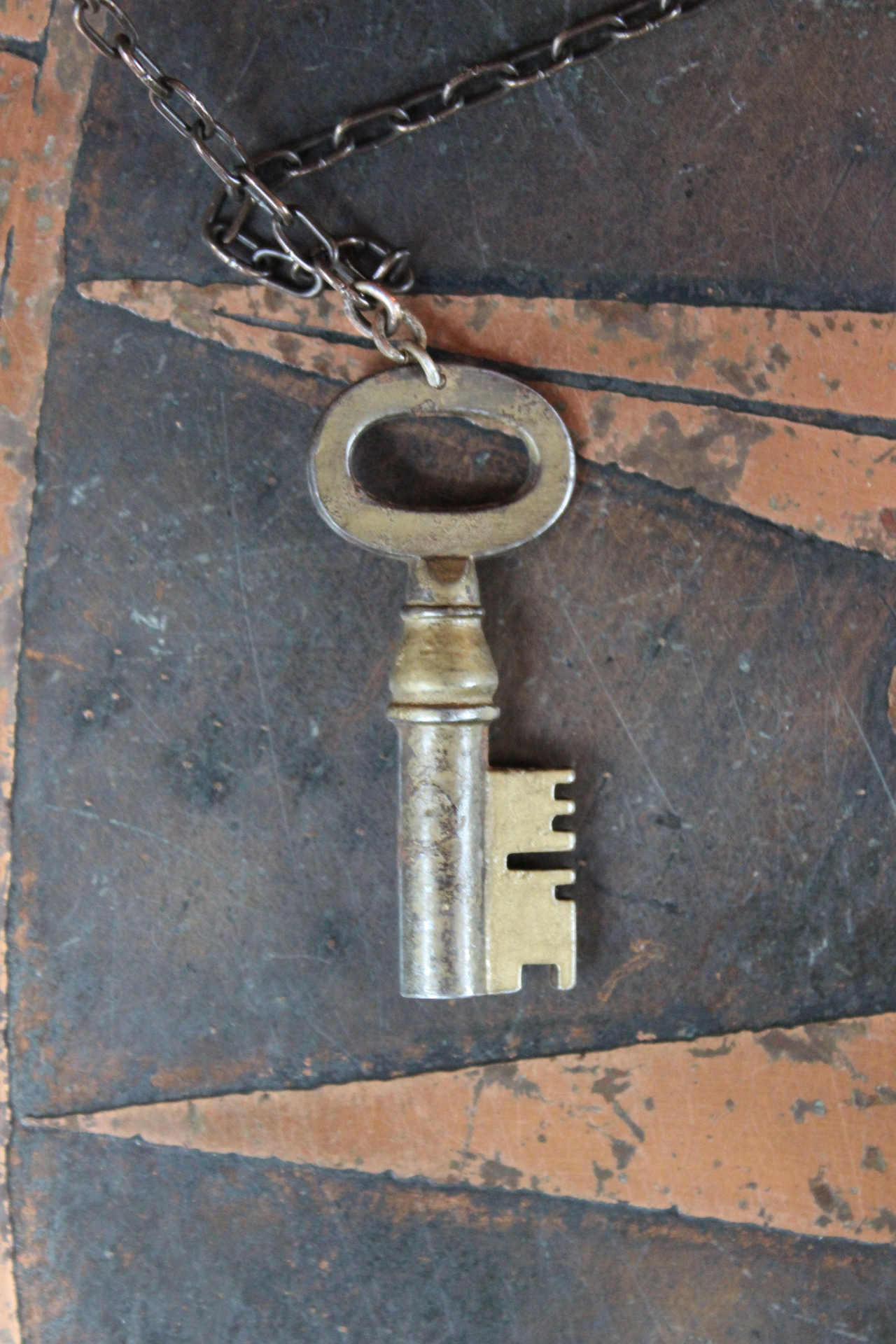 The Key Necklace with Unique Clear Quartz Pendant and Antique Padlock Key