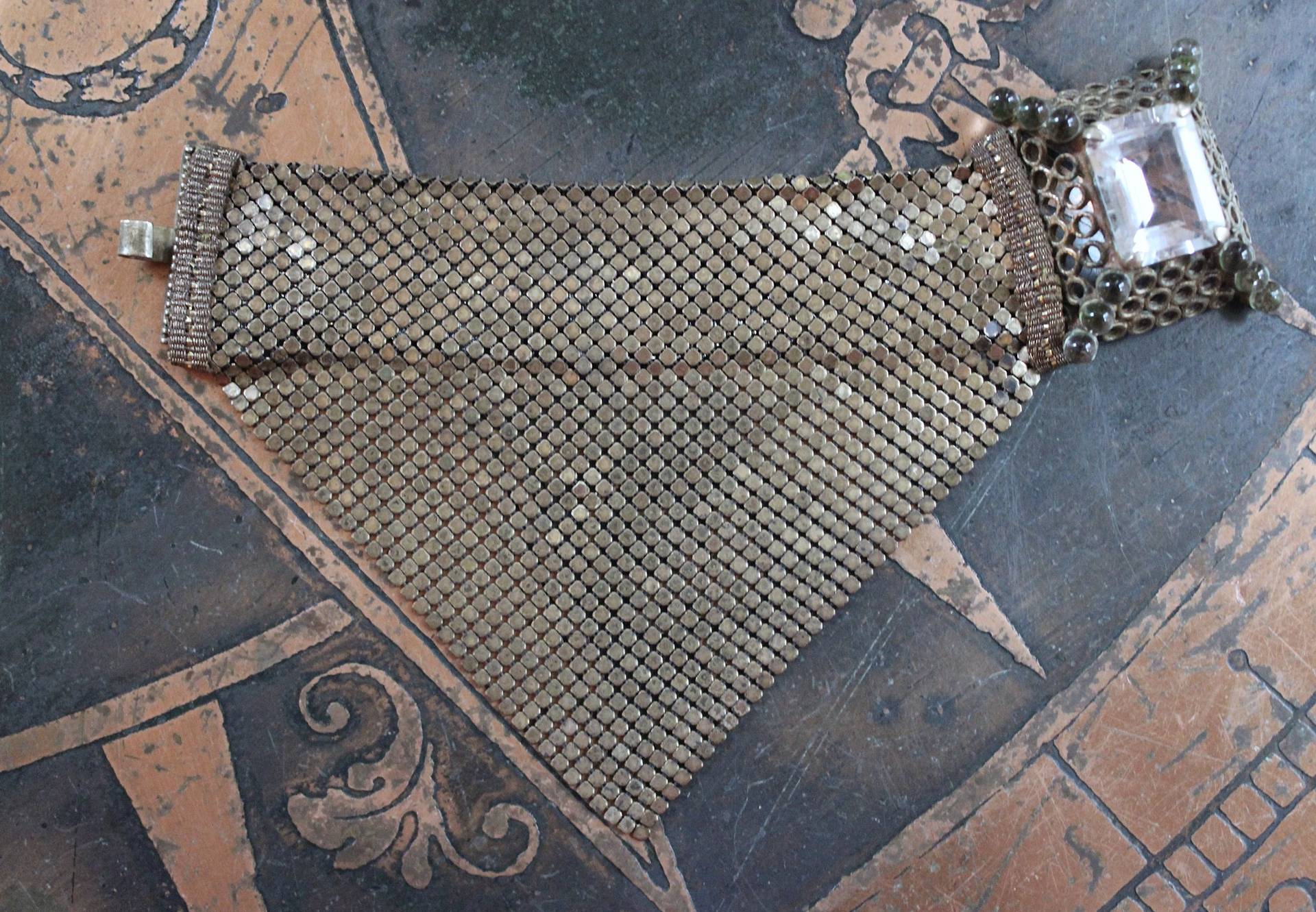 SOLD to J Antique Mesh Bracelet with Amazing Emerald Cut Faceted Rock Crystal Closure and Antique French Bullion Trim