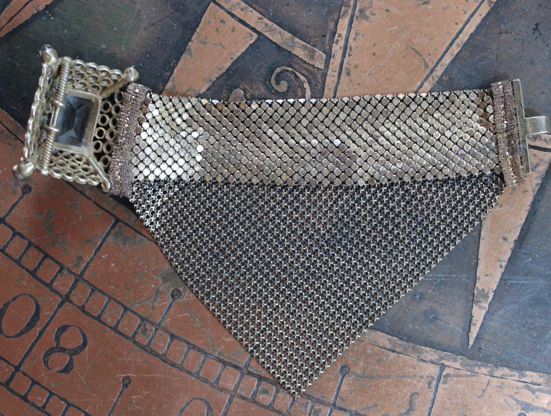 SOLD to J Antique Mesh Bracelet with Amazing Emerald Cut Faceted Rock Crystal Closure and Antique French Bullion Trim