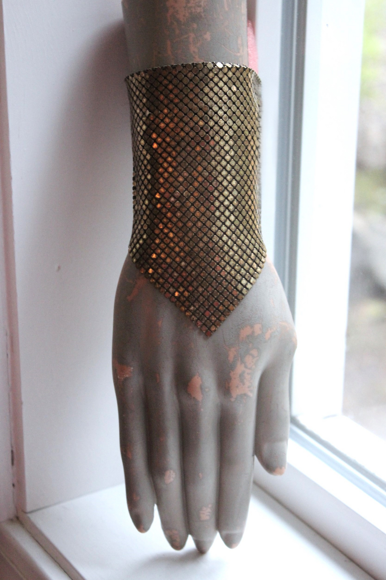 SOLD to J Antique Mesh Bracelet with Amazing Emerald Cut Faceted Rock Crystal Closure and Antique French Bullion Trim