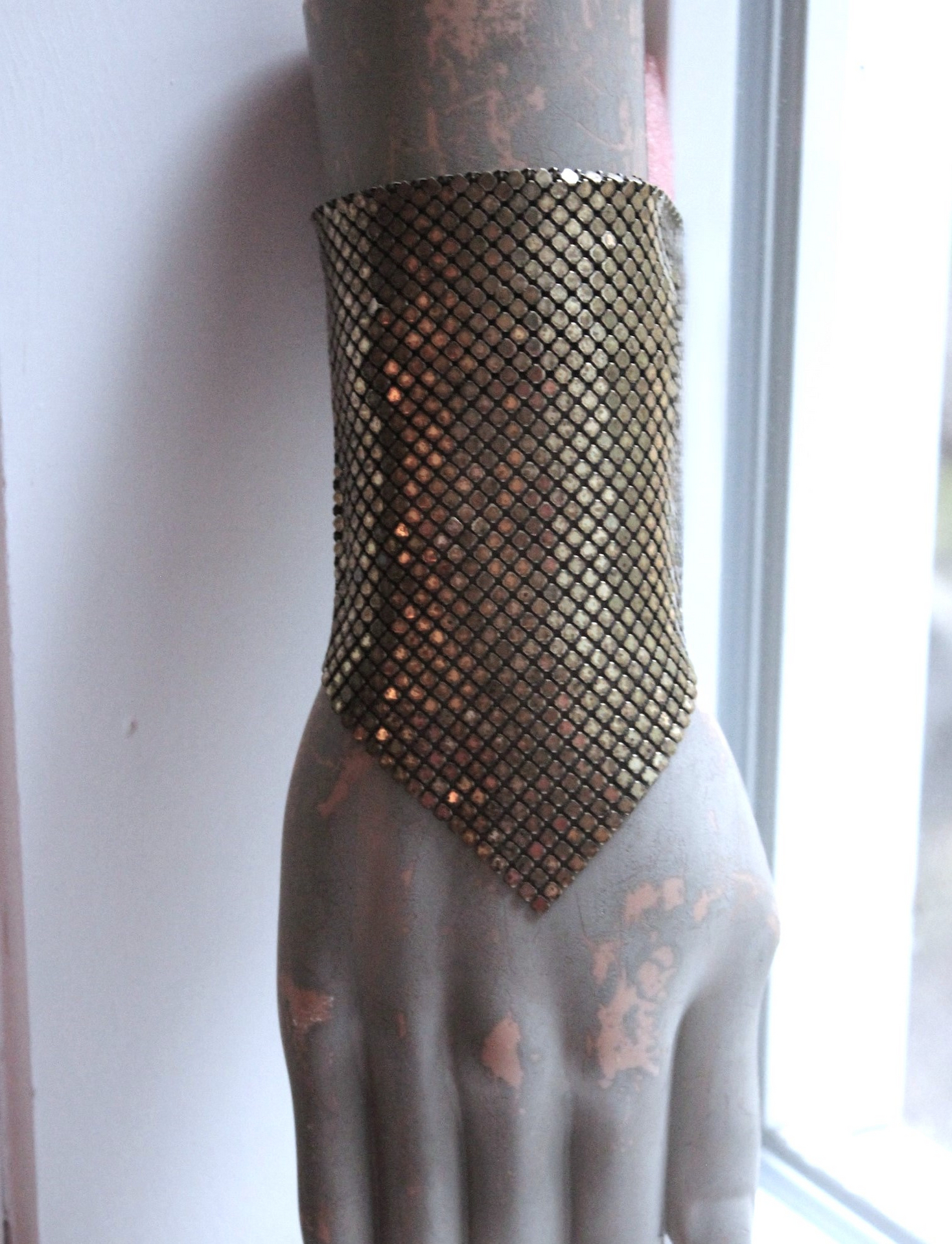 SOLD to J Antique Mesh Bracelet with Amazing Emerald Cut Faceted Rock Crystal Closure and Antique French Bullion Trim