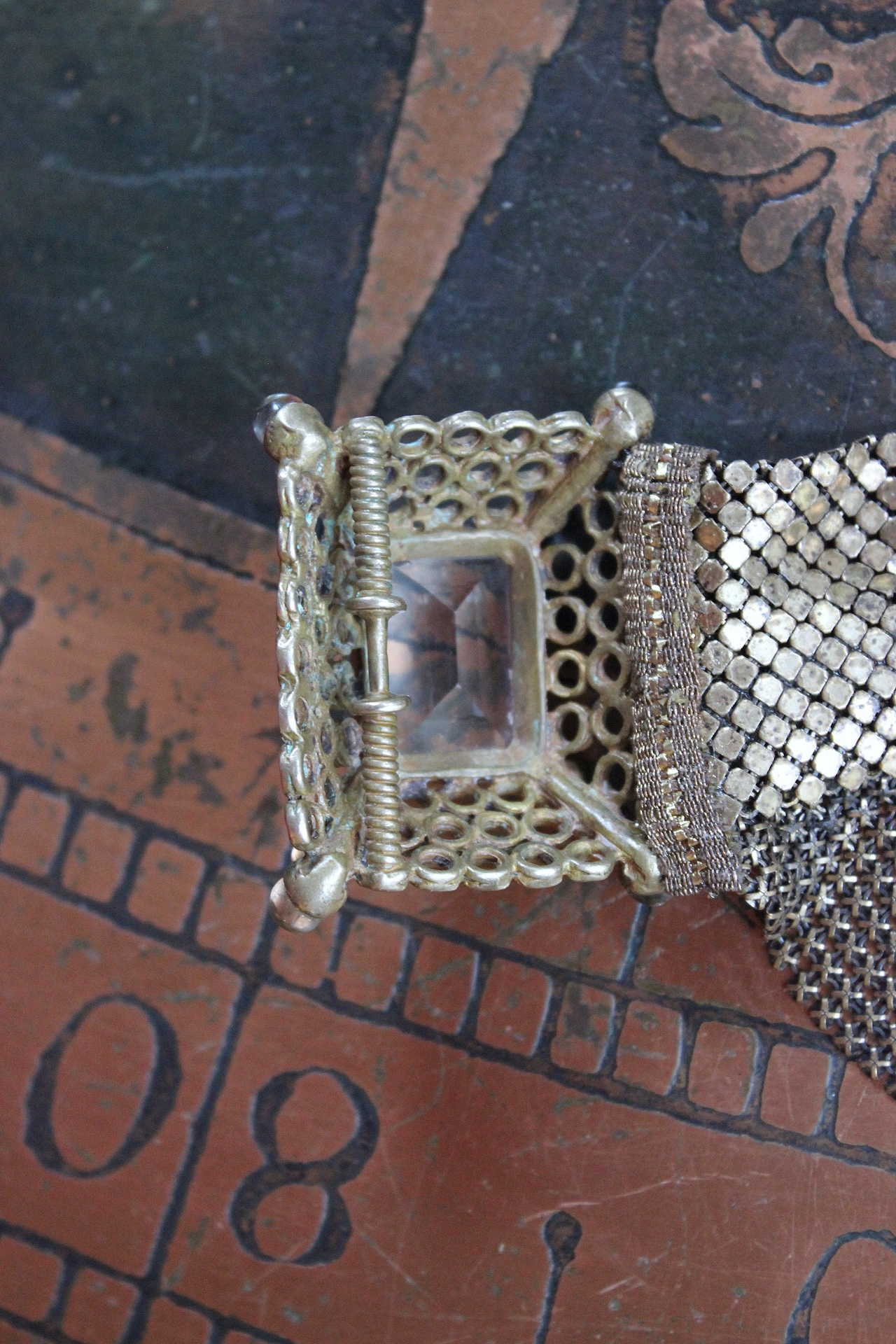 SOLD to J Antique Mesh Bracelet with Amazing Emerald Cut Faceted Rock Crystal Closure and Antique French Bullion Trim