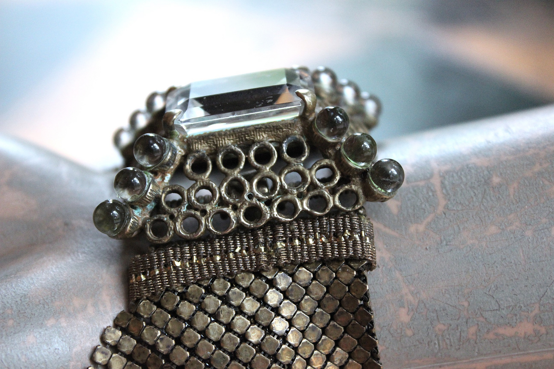 SOLD to J Antique Mesh Bracelet with Amazing Emerald Cut Faceted Rock Crystal Closure and Antique French Bullion Trim
