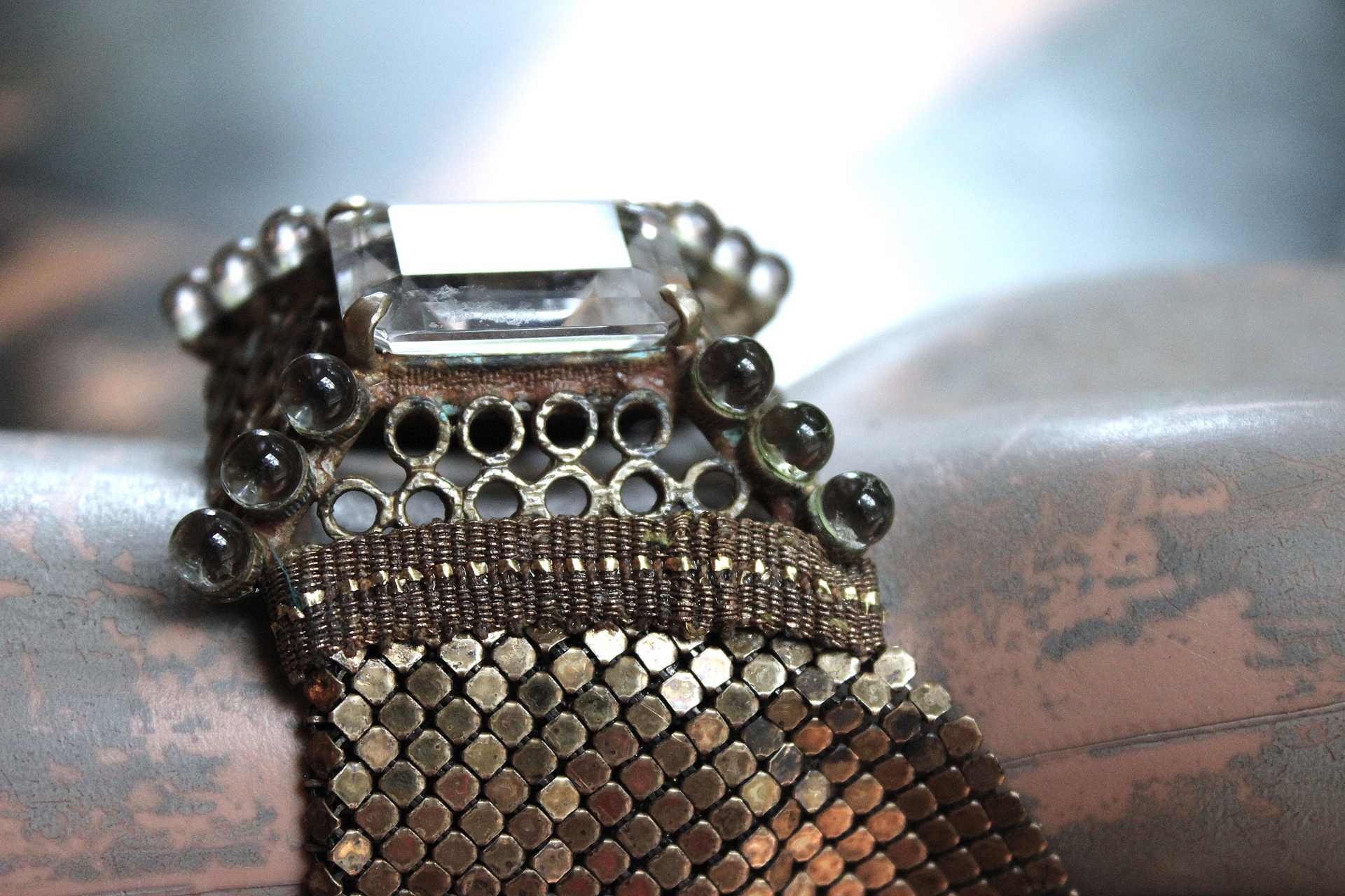 SOLD to J Antique Mesh Bracelet with Amazing Emerald Cut Faceted Rock Crystal Closure and Antique French Bullion Trim