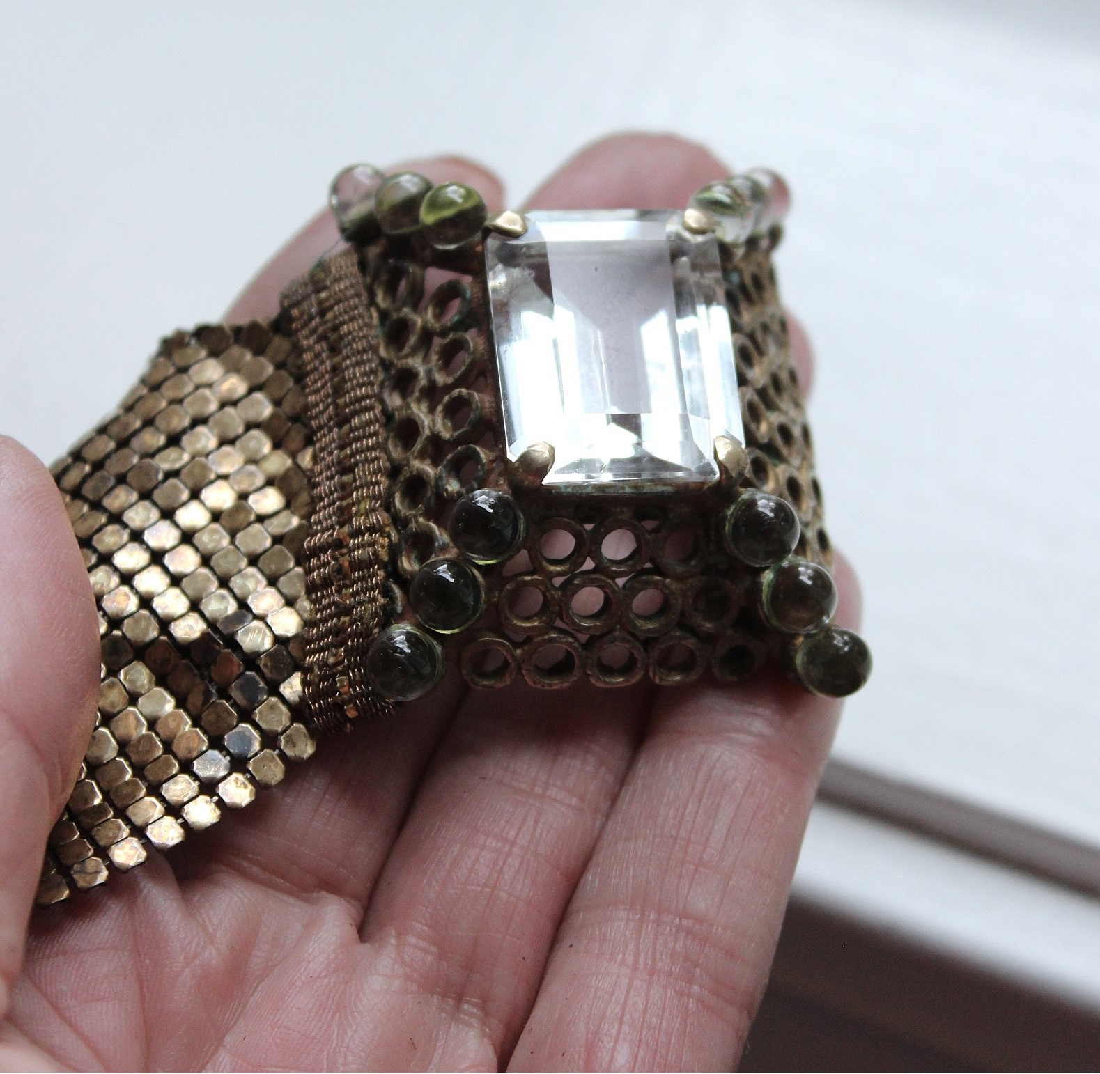 SOLD to J Antique Mesh Bracelet with Amazing Emerald Cut Faceted Rock Crystal Closure and Antique French Bullion Trim