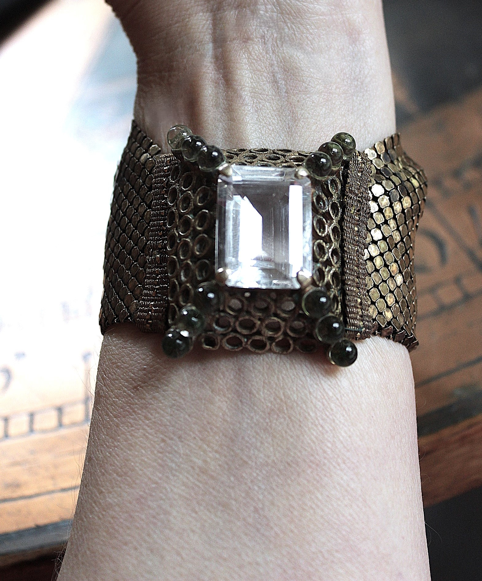 SOLD to J Antique Mesh Bracelet with Amazing Emerald Cut Faceted Rock Crystal Closure and Antique French Bullion Trim