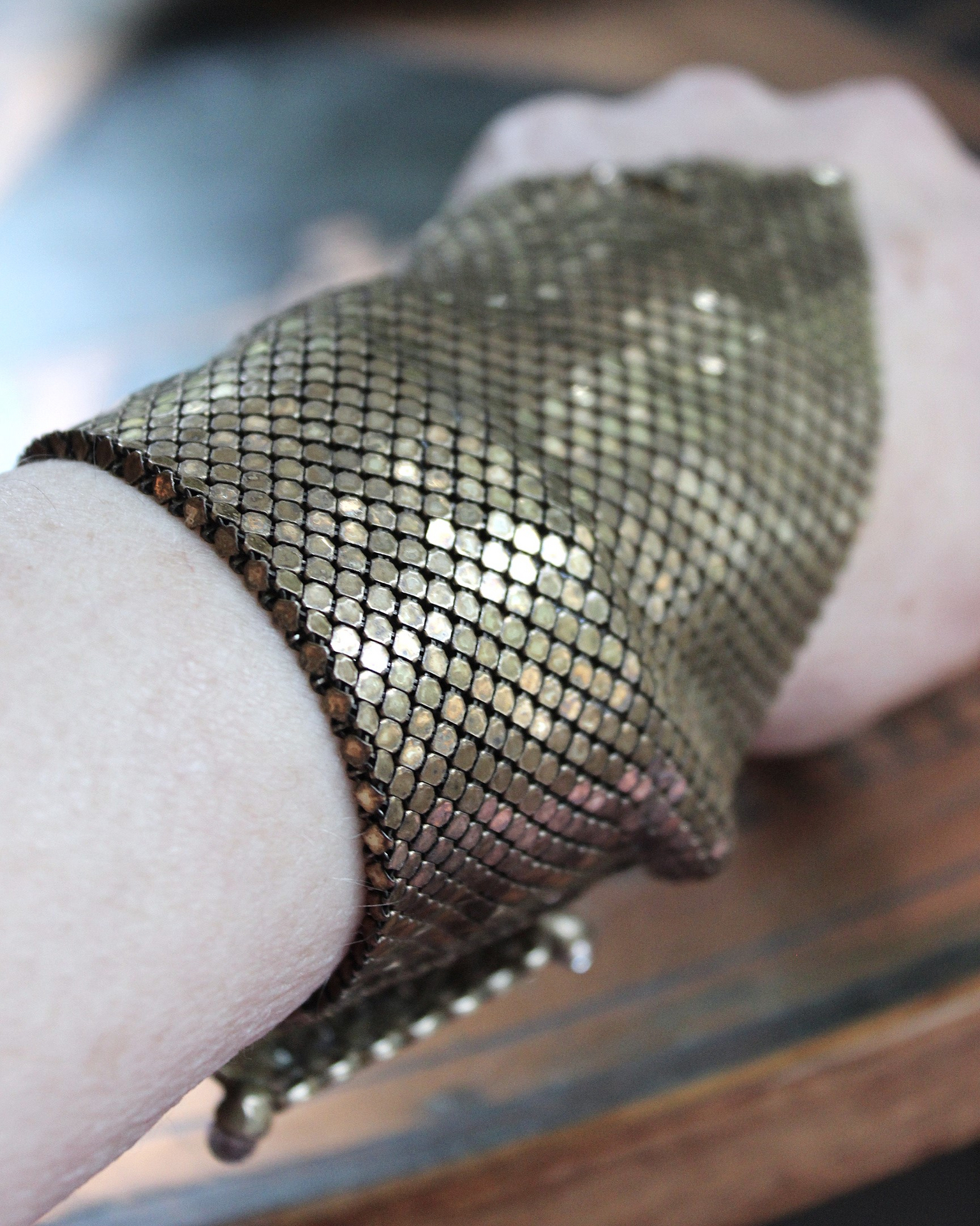 SOLD to J Antique Mesh Bracelet with Amazing Emerald Cut Faceted Rock Crystal Closure and Antique French Bullion Trim