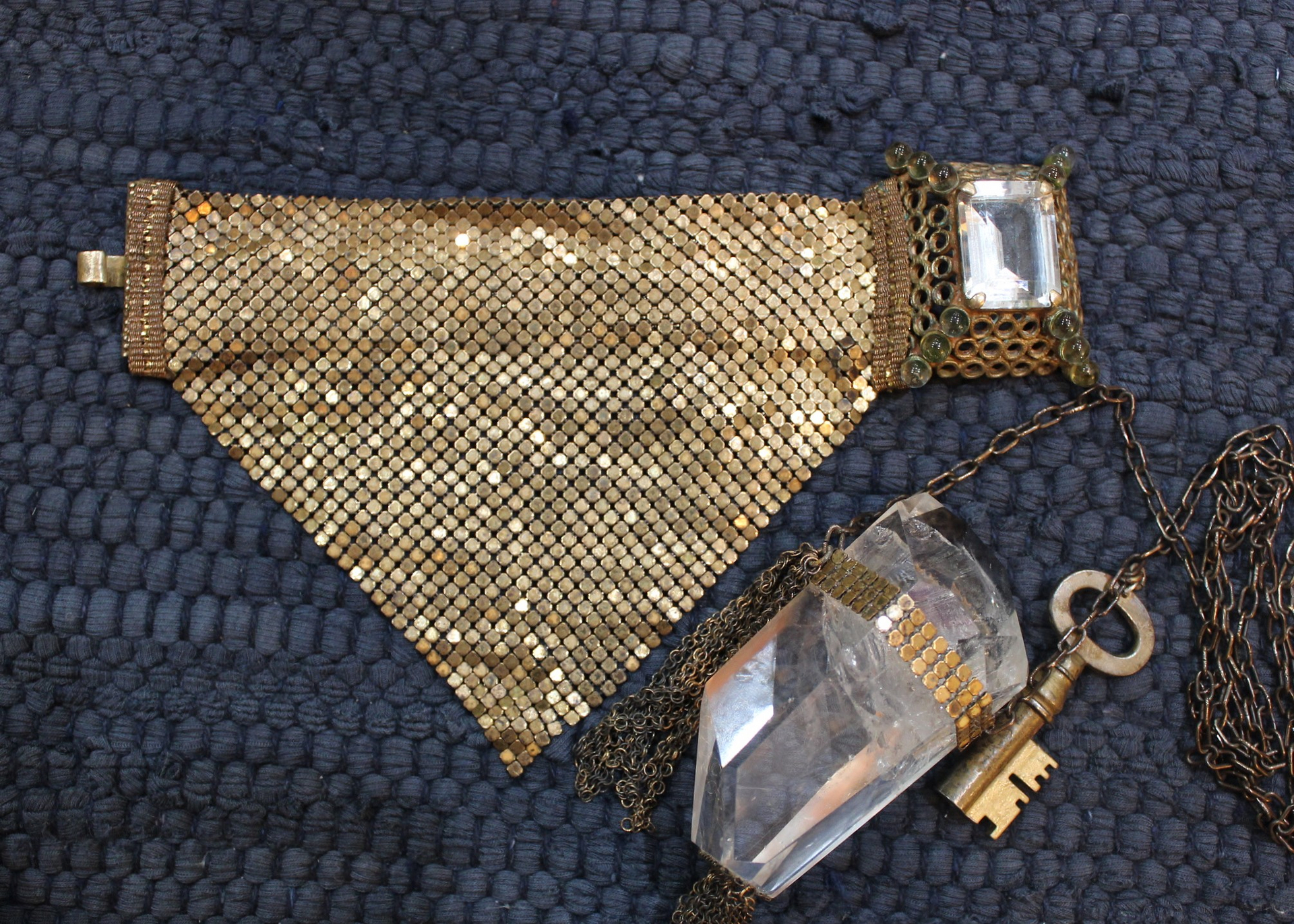The Key Necklace with Unique Clear Quartz Pendant and Antique Padlock Key