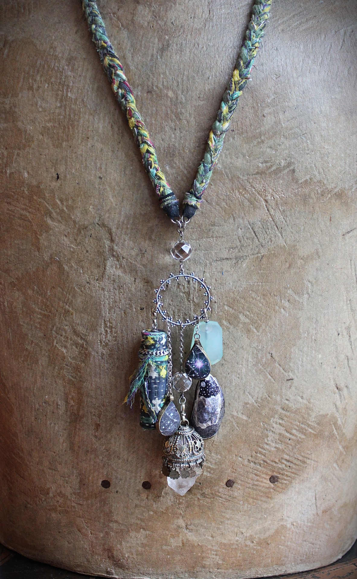 The Astonishing Light Necklace with Braided Antique Kantha Chain,Antique Faceted Pools of Light Connector, Tiny Quartz Point Vessel,Quartz Drop,Peruvian Opal Stone++