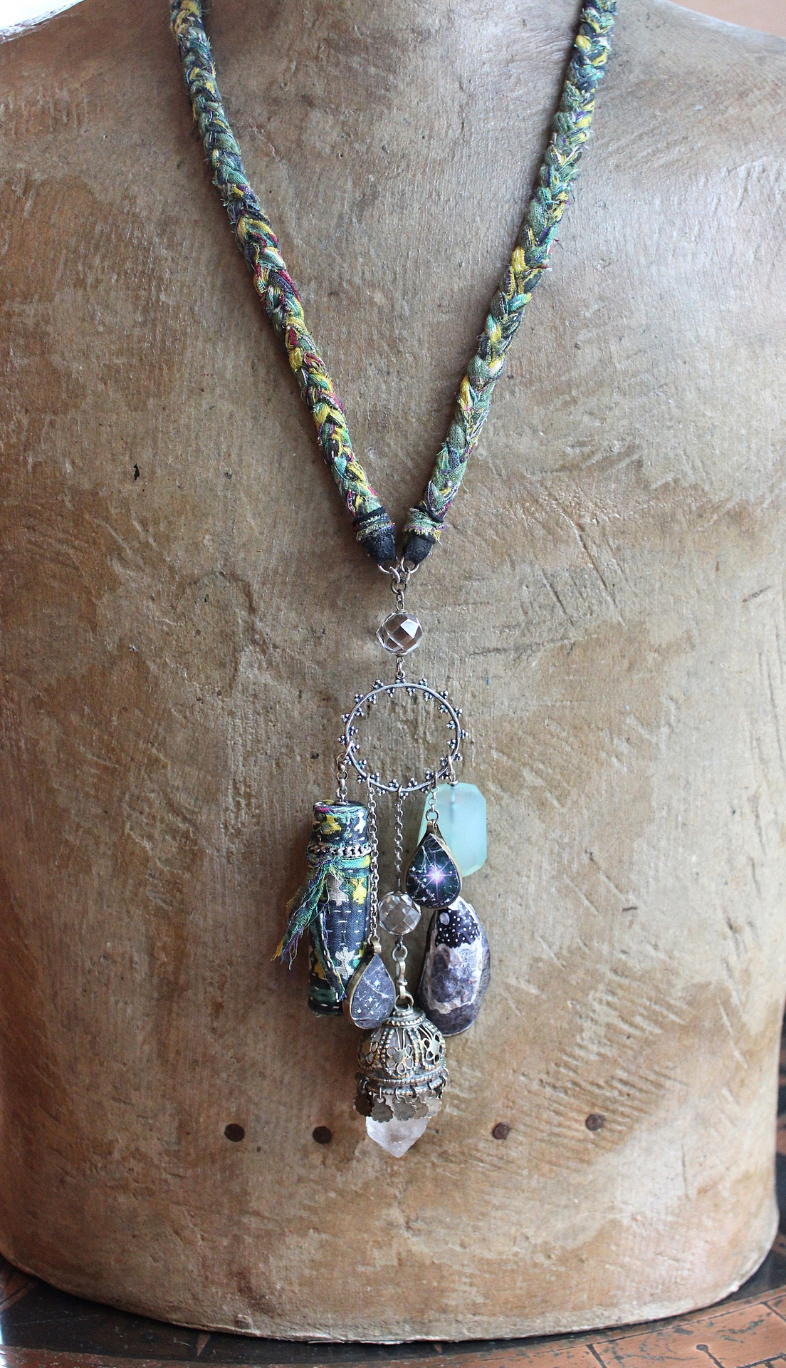 The Astonishing Light Necklace with Braided Antique Kantha Chain,Antique Faceted Pools of Light Connector, Tiny Quartz Point Vessel,Quartz Drop,Peruvian Opal Stone++