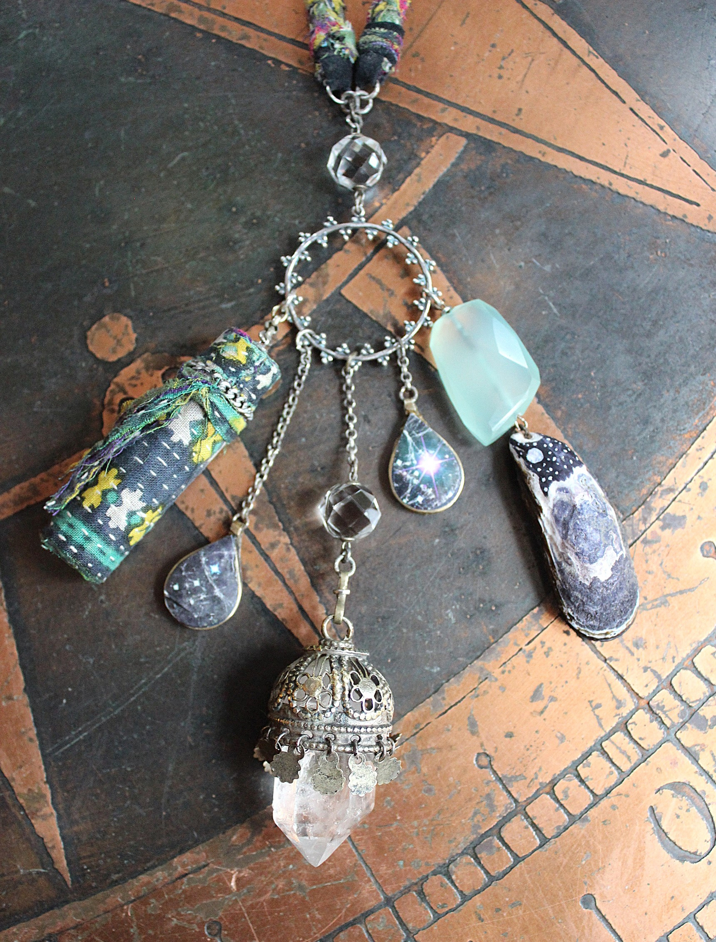 The Astonishing Light Necklace with Braided Antique Kantha Chain,Antique Faceted Pools of Light Connector, Tiny Quartz Point Vessel,Quartz Drop,Peruvian Opal Stone++