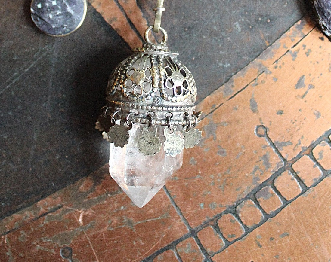 The Astonishing Light Necklace with Braided Antique Kantha Chain,Antique Faceted Pools of Light Connector, Tiny Quartz Point Vessel,Quartz Drop,Peruvian Opal Stone++