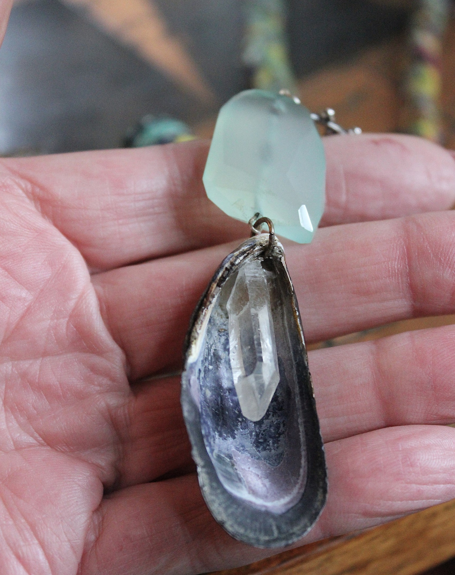 The Astonishing Light Necklace with Braided Antique Kantha Chain,Antique Faceted Pools of Light Connector, Tiny Quartz Point Vessel,Quartz Drop,Peruvian Opal Stone++