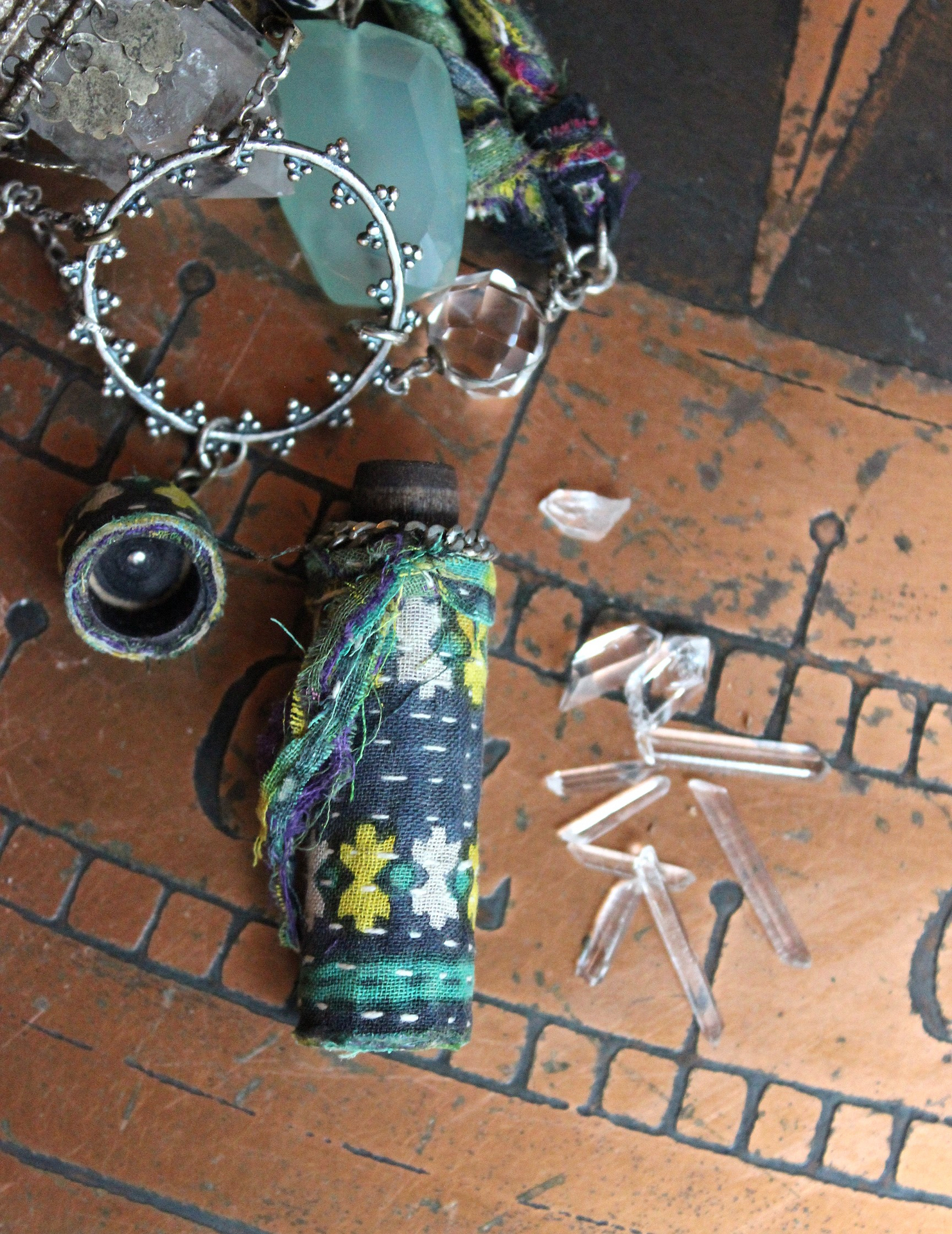 The Astonishing Light Necklace with Braided Antique Kantha Chain,Antique Faceted Pools of Light Connector, Tiny Quartz Point Vessel,Quartz Drop,Peruvian Opal Stone++