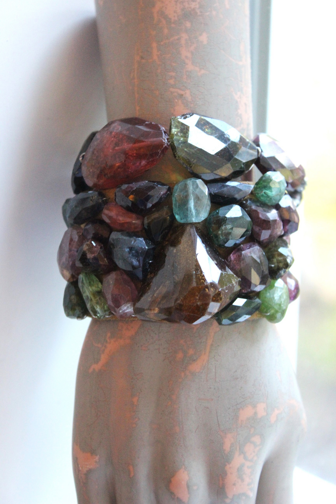 SOLD to J Faceted Tourmaline Cuff and Bracelet Set with Amazing Array of Tourmaline Gemstones and Distressed Leather 