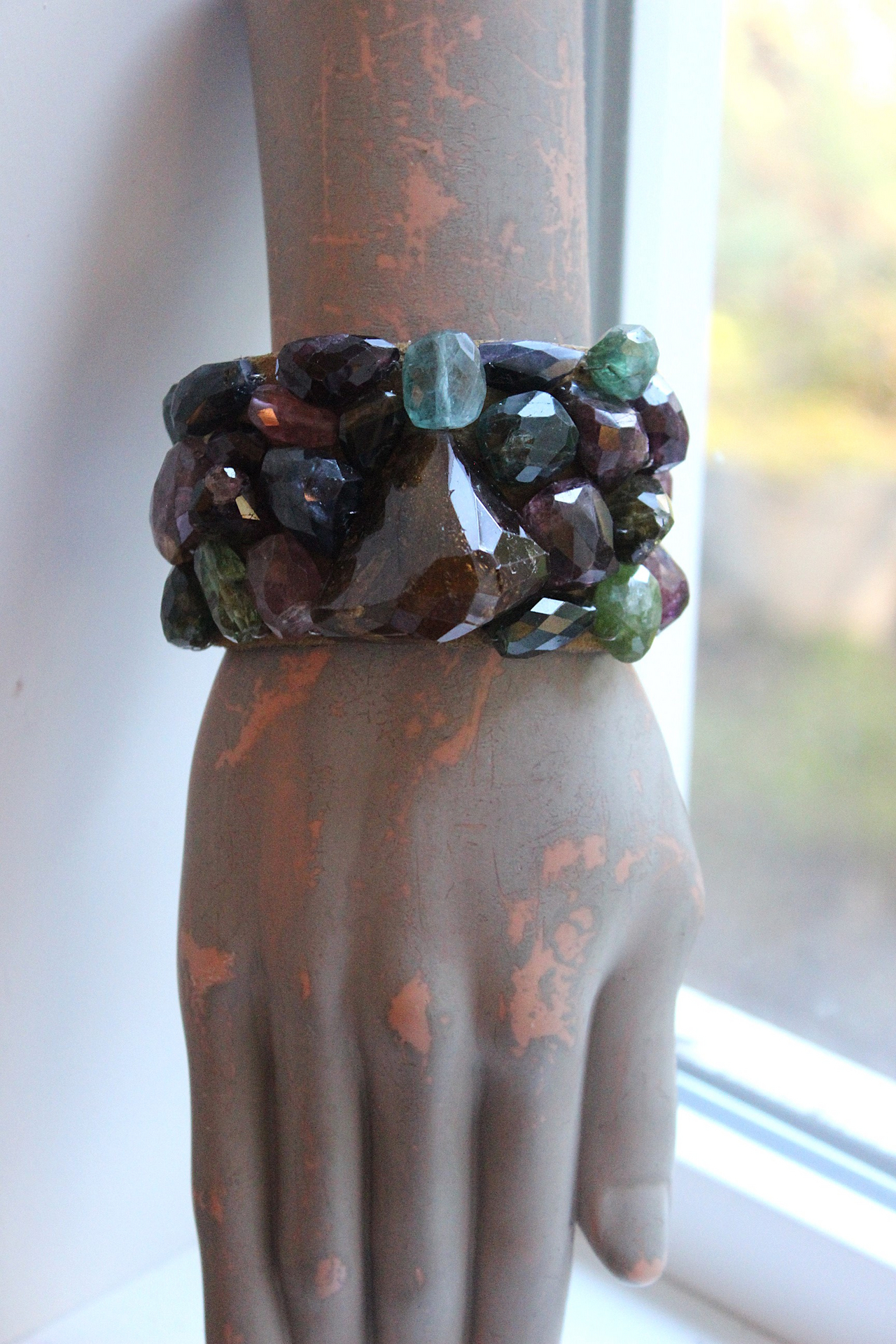 SOLD to J Faceted Tourmaline Cuff and Bracelet Set with Amazing Array of Tourmaline Gemstones and Distressed Leather 
