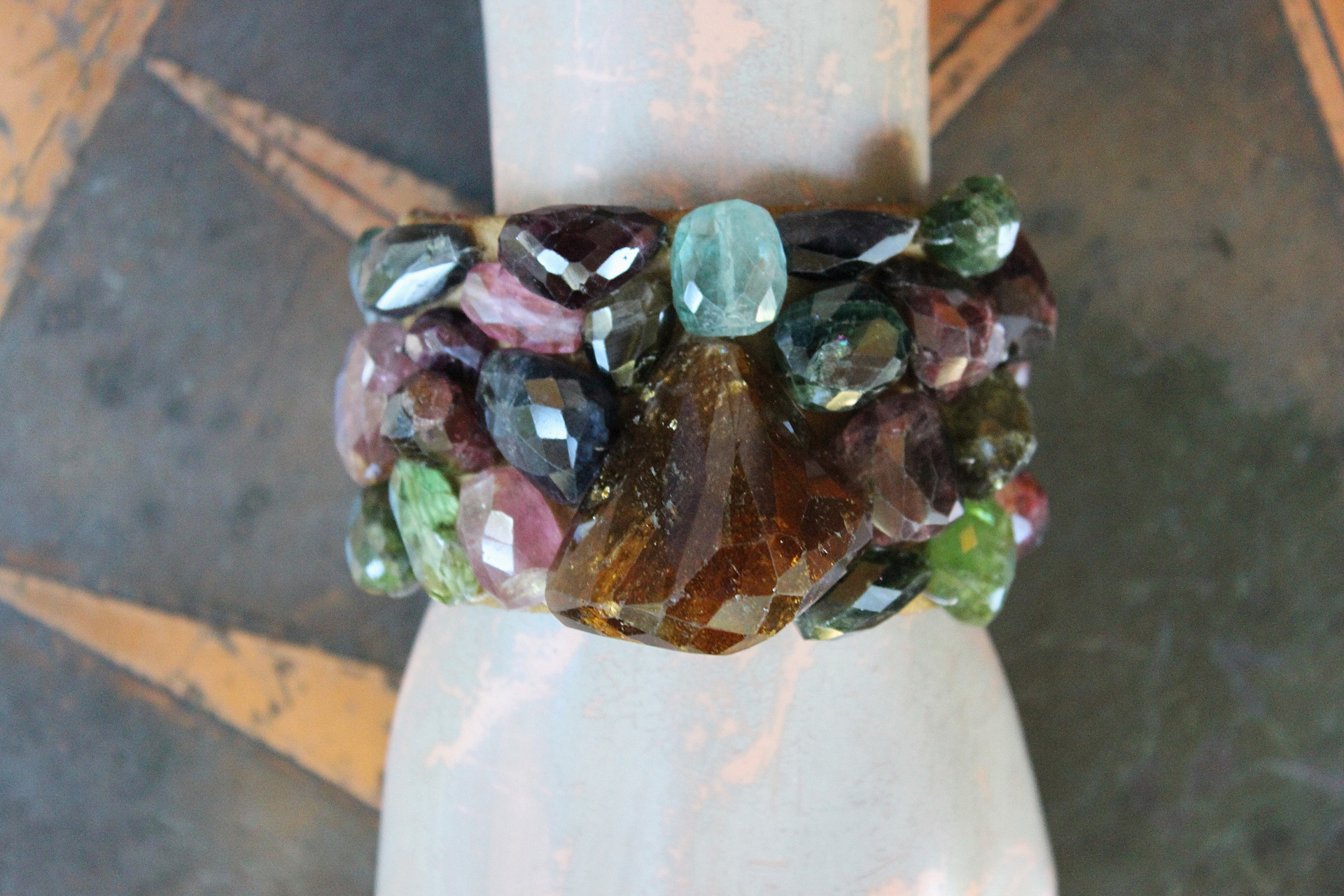 SOLD to J Faceted Tourmaline Cuff and Bracelet Set with Amazing Array of Tourmaline Gemstones and Distressed Leather 