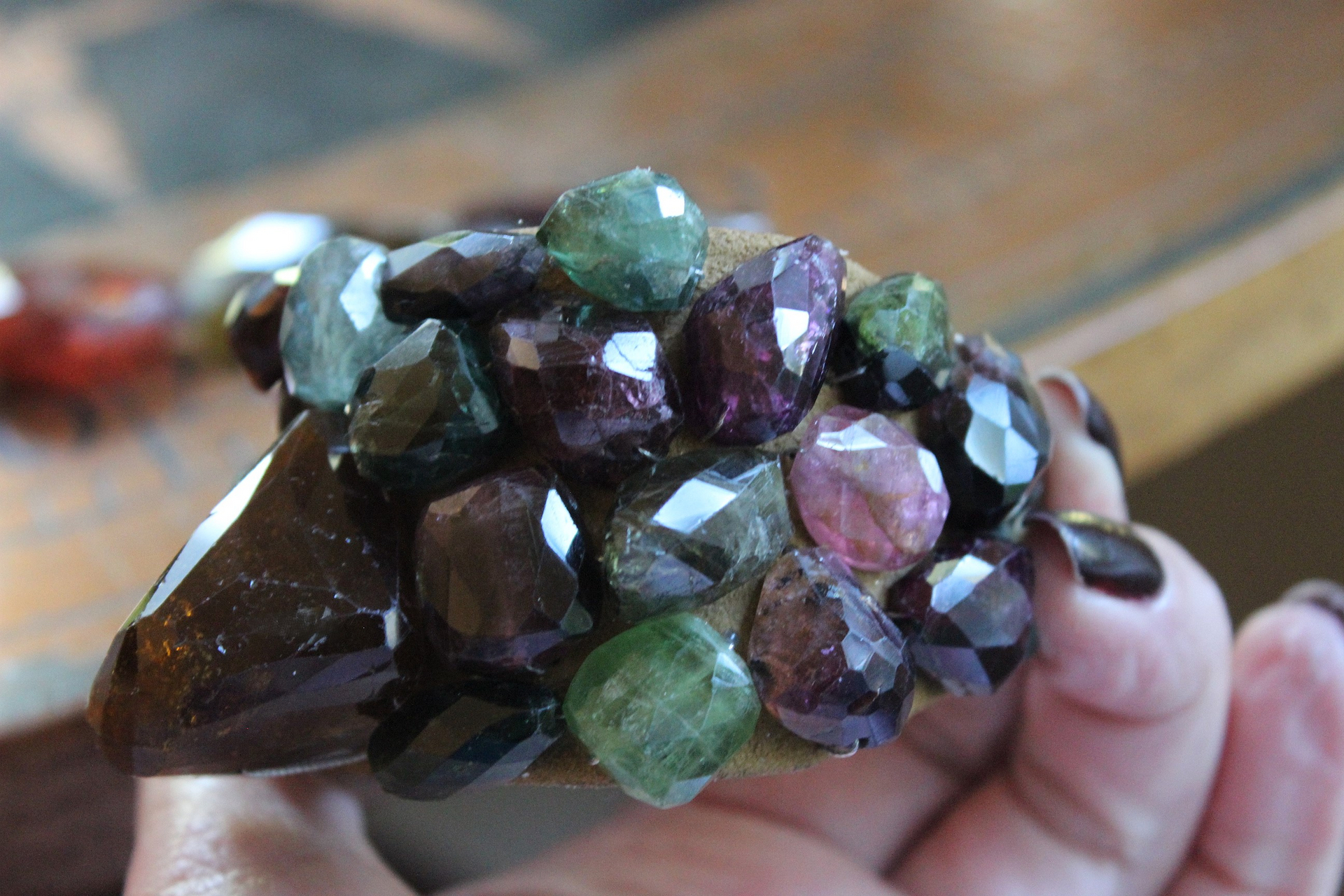 SOLD to J Faceted Tourmaline Cuff and Bracelet Set with Amazing Array of Tourmaline Gemstones and Distressed Leather 