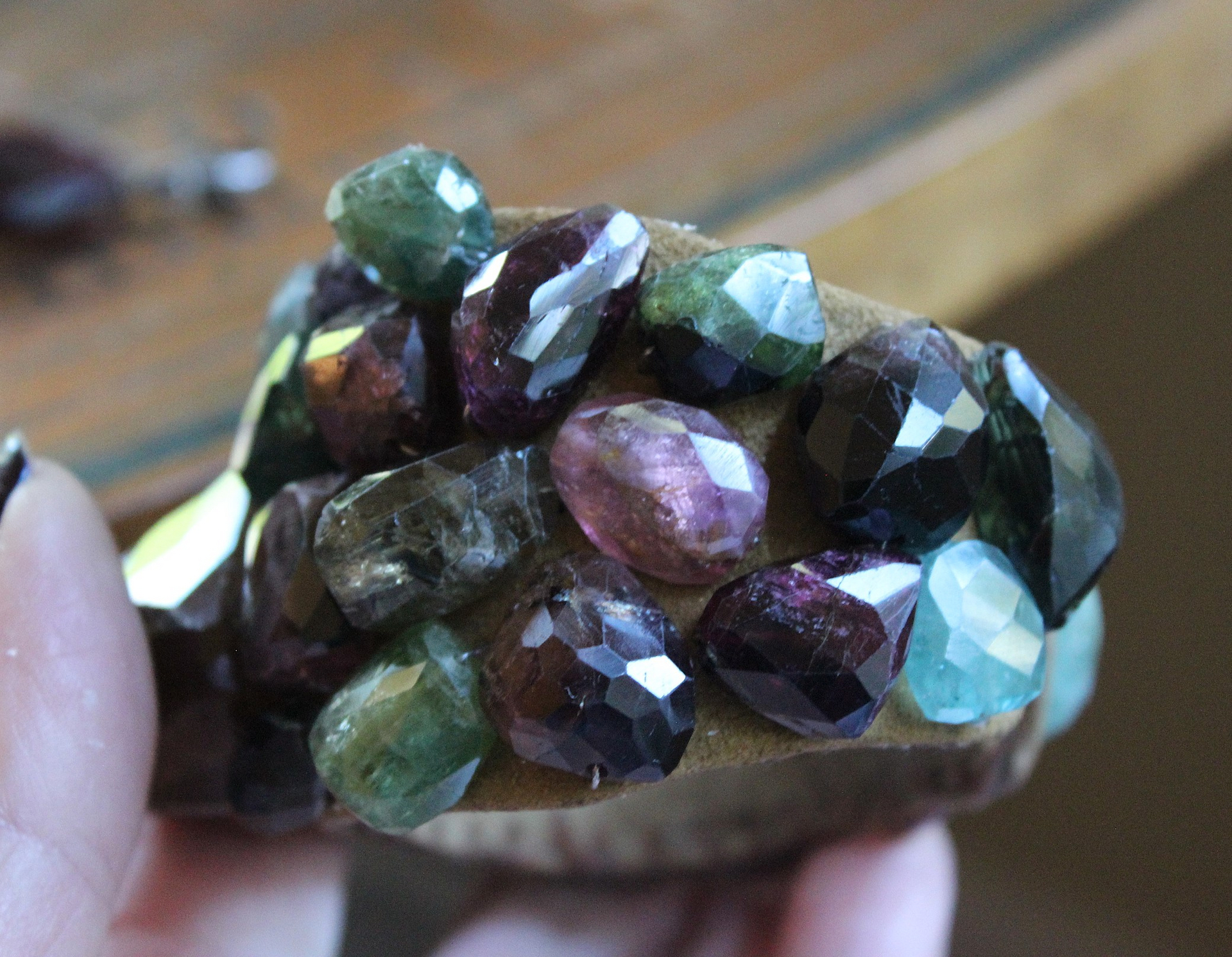 SOLD to J Faceted Tourmaline Cuff and Bracelet Set with Amazing Array of Tourmaline Gemstones and Distressed Leather 