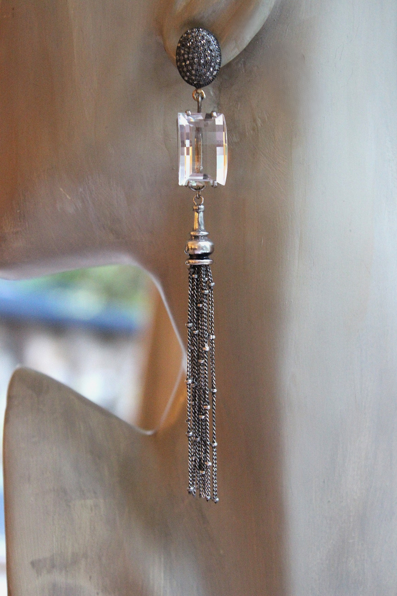 NEW! OOAK Antique Step Faceted Rock Crystal & Pave Natural Diamond Post Earrings with Sterling Tassels