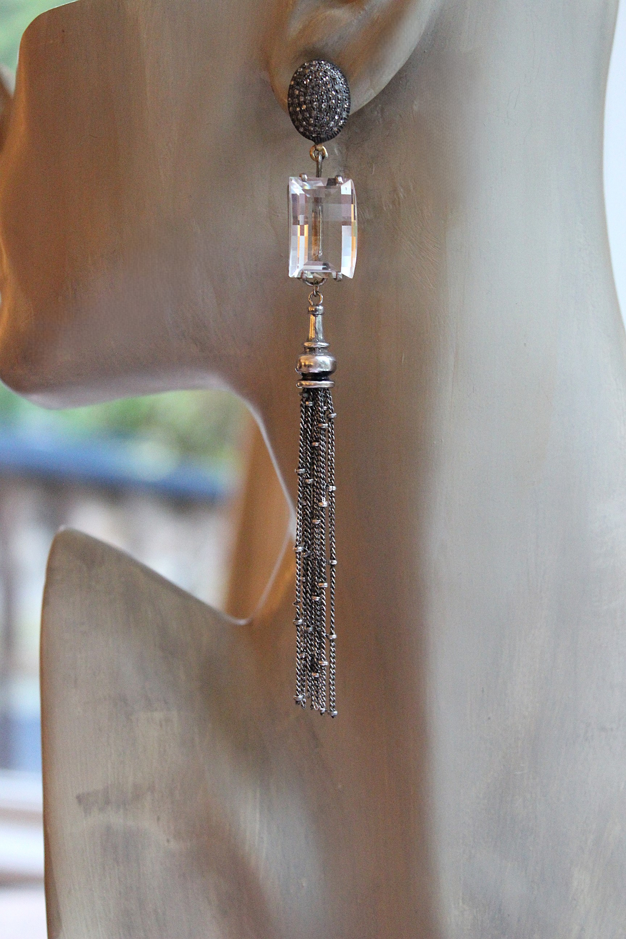 NEW! OOAK Antique Step Faceted Rock Crystal & Pave Natural Diamond Post Earrings with Sterling Tassels