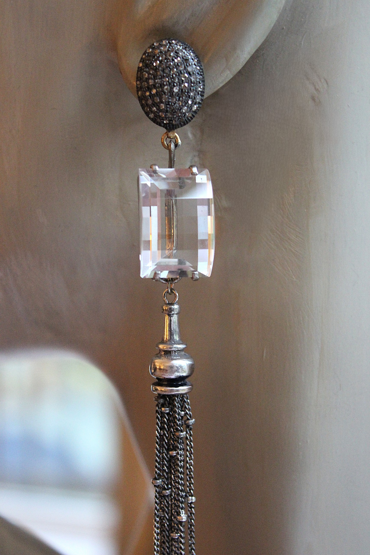 NEW! OOAK Antique Step Faceted Rock Crystal & Pave Natural Diamond Post Earrings with Sterling Tassels