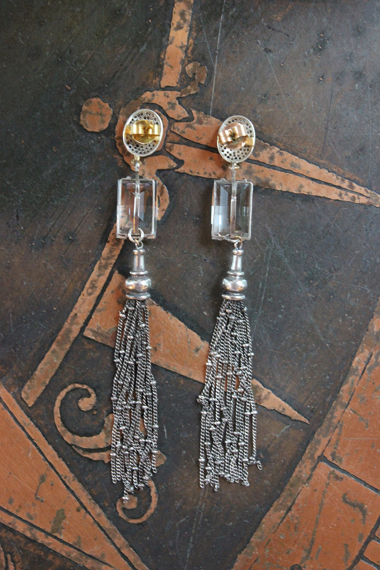 NEW! OOAK Antique Step Faceted Rock Crystal & Pave Natural Diamond Post Earrings with Sterling Tassels
