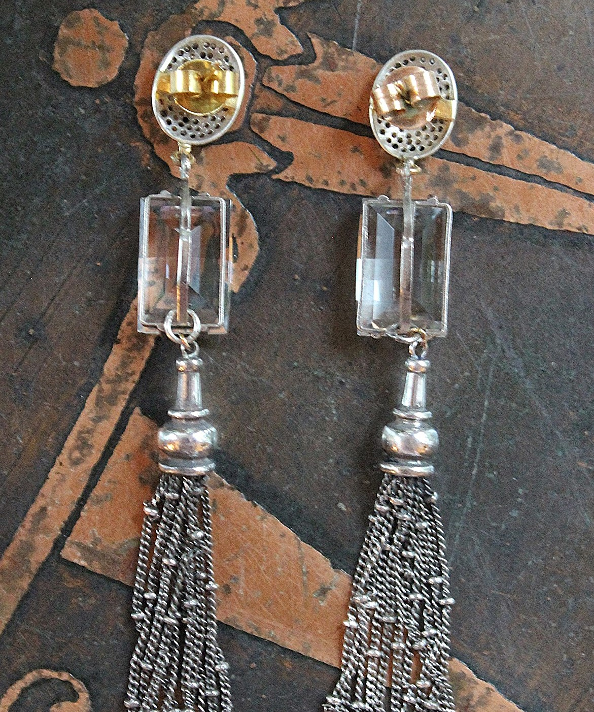 NEW! OOAK Antique Step Faceted Rock Crystal & Pave Natural Diamond Post Earrings with Sterling Tassels