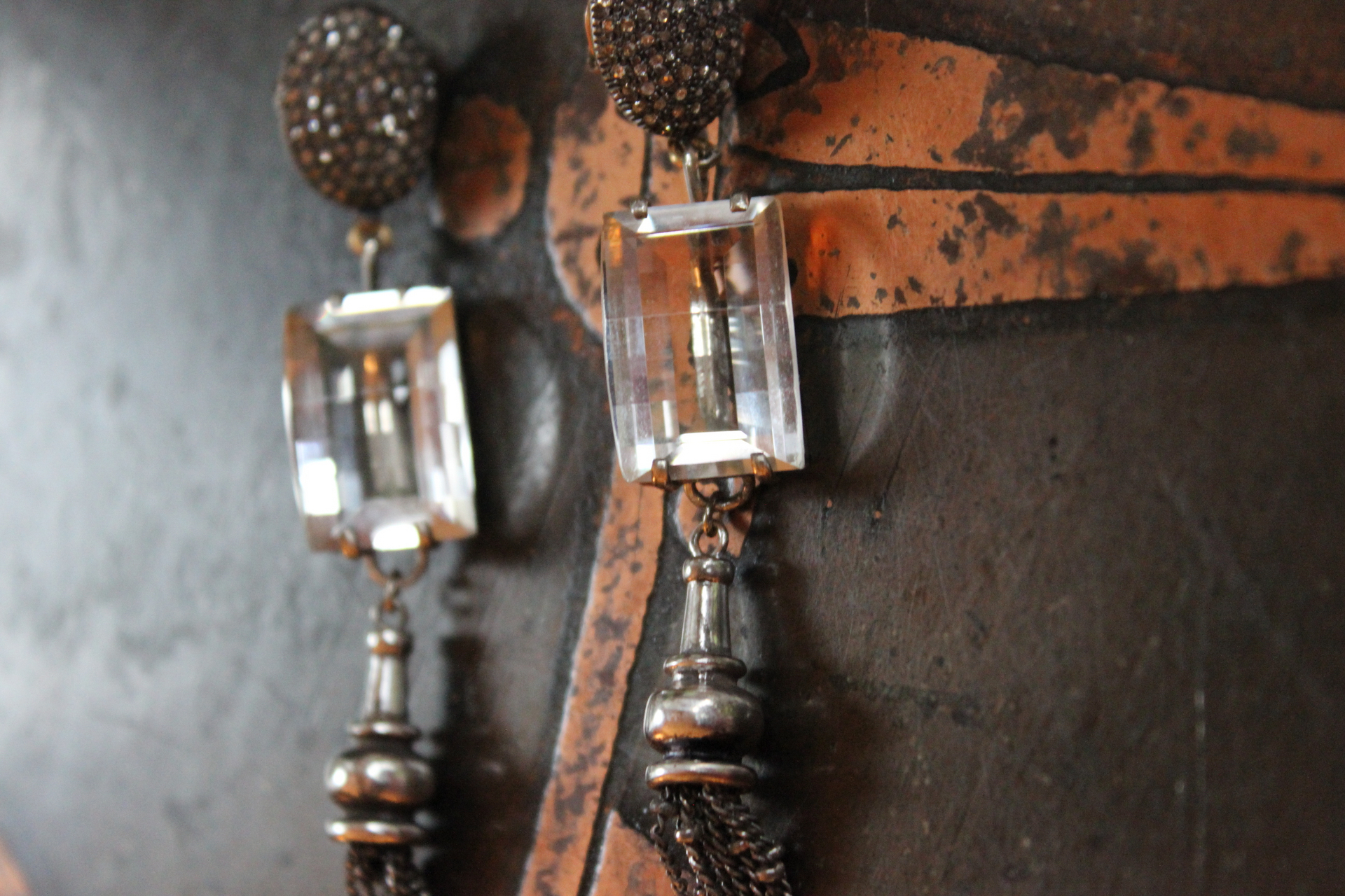 NEW! OOAK Antique Step Faceted Rock Crystal & Pave Natural Diamond Post Earrings with Sterling Tassels