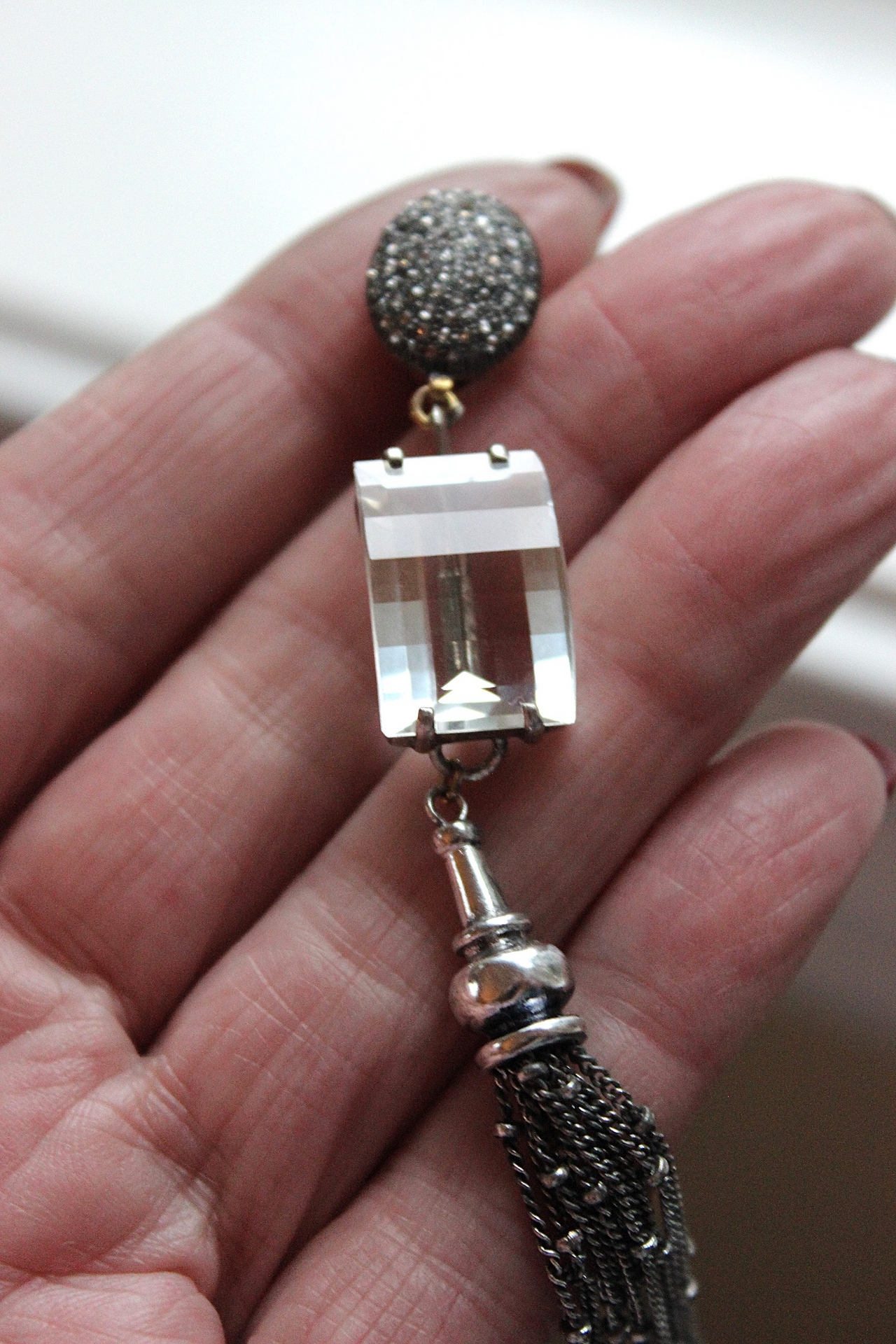 NEW! OOAK Antique Step Faceted Rock Crystal & Pave Natural Diamond Post Earrings with Sterling Tassels