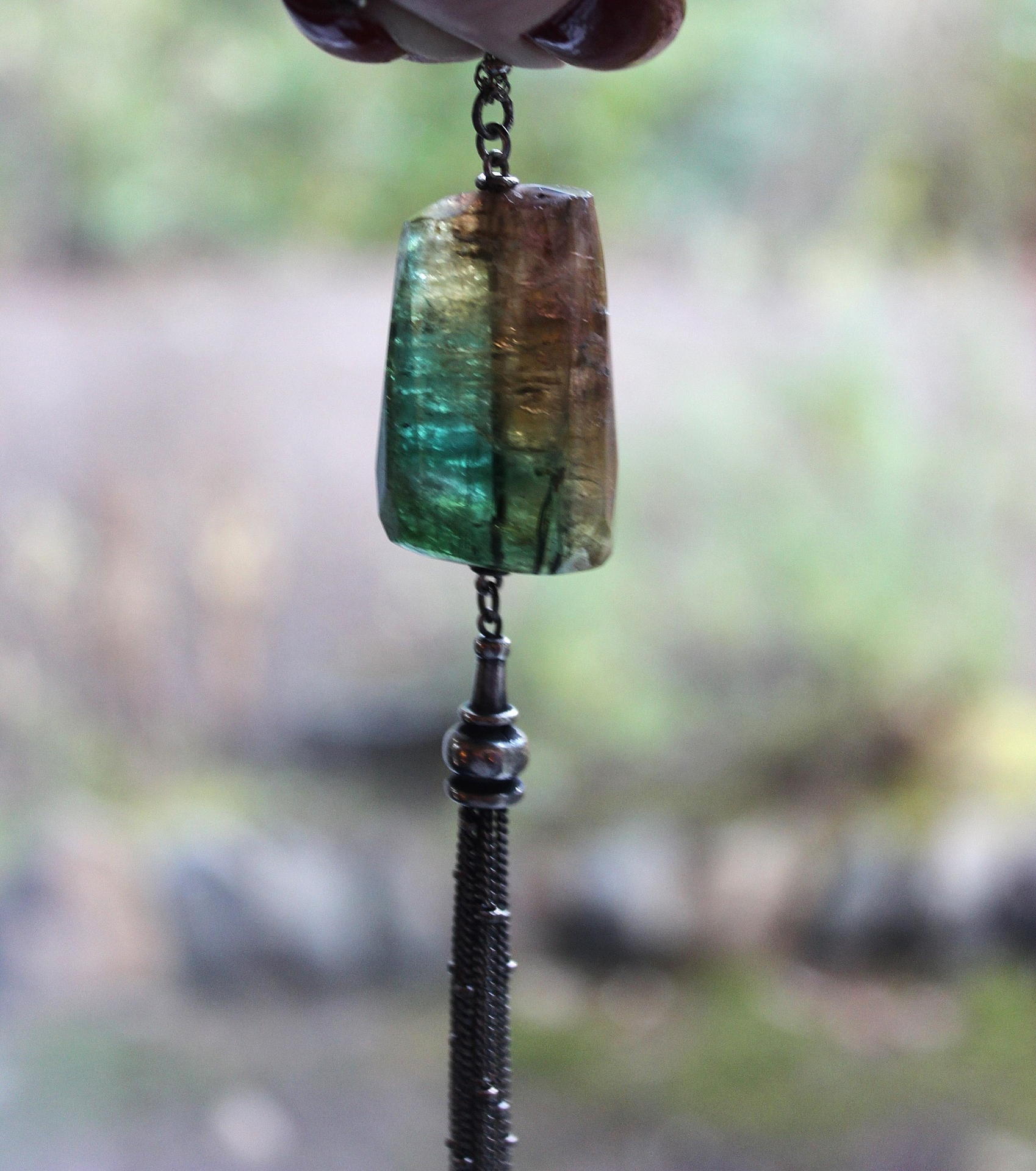 SOLD TO D Checkerboard Faceted Barrel Cut Bi-Color Tourmaline Necklace with Sterling Bead Point Chain Tassel & Chain