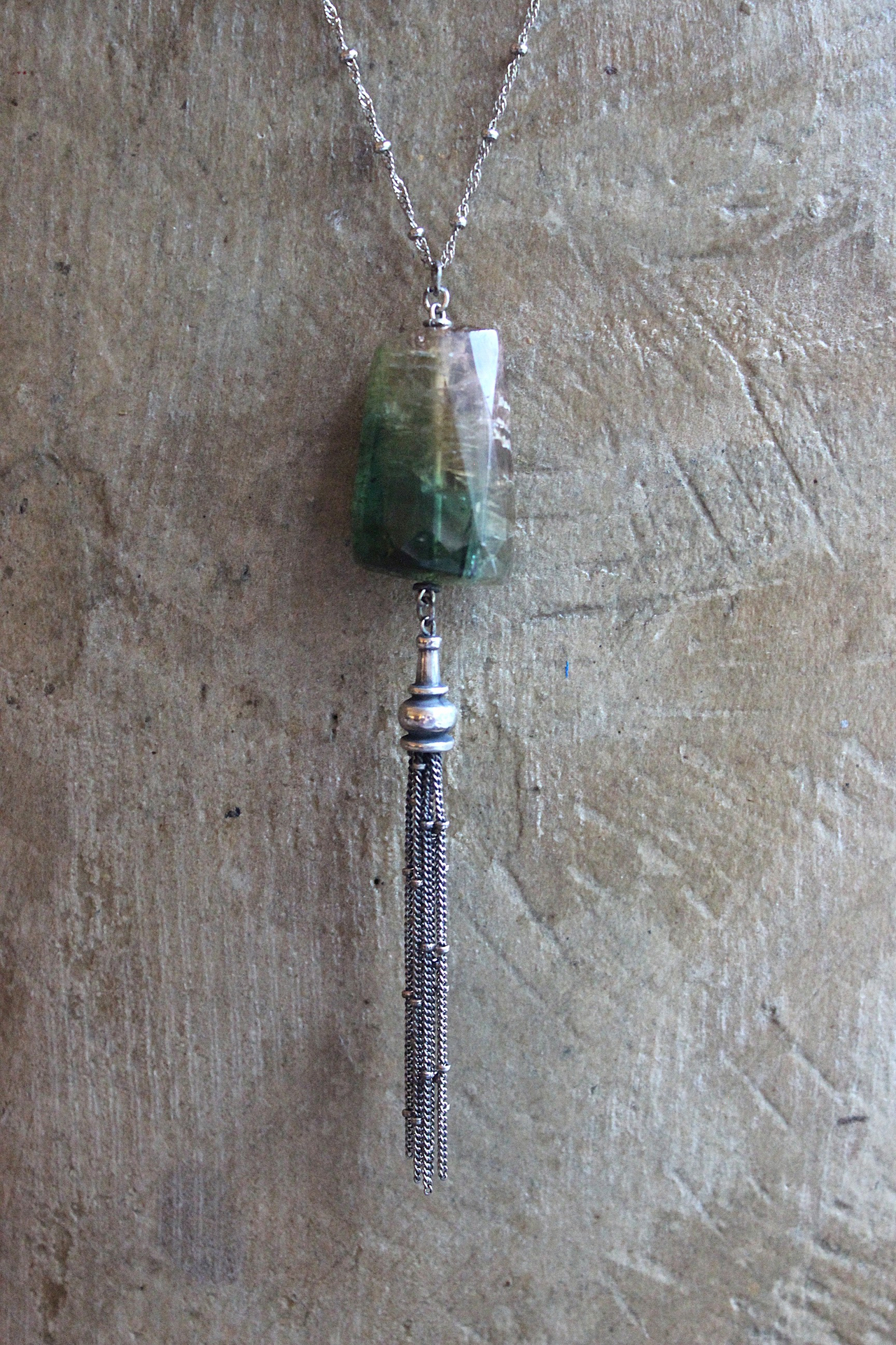 SOLD TO D Checkerboard Faceted Barrel Cut Bi-Color Tourmaline Necklace with Sterling Bead Point Chain Tassel & Chain