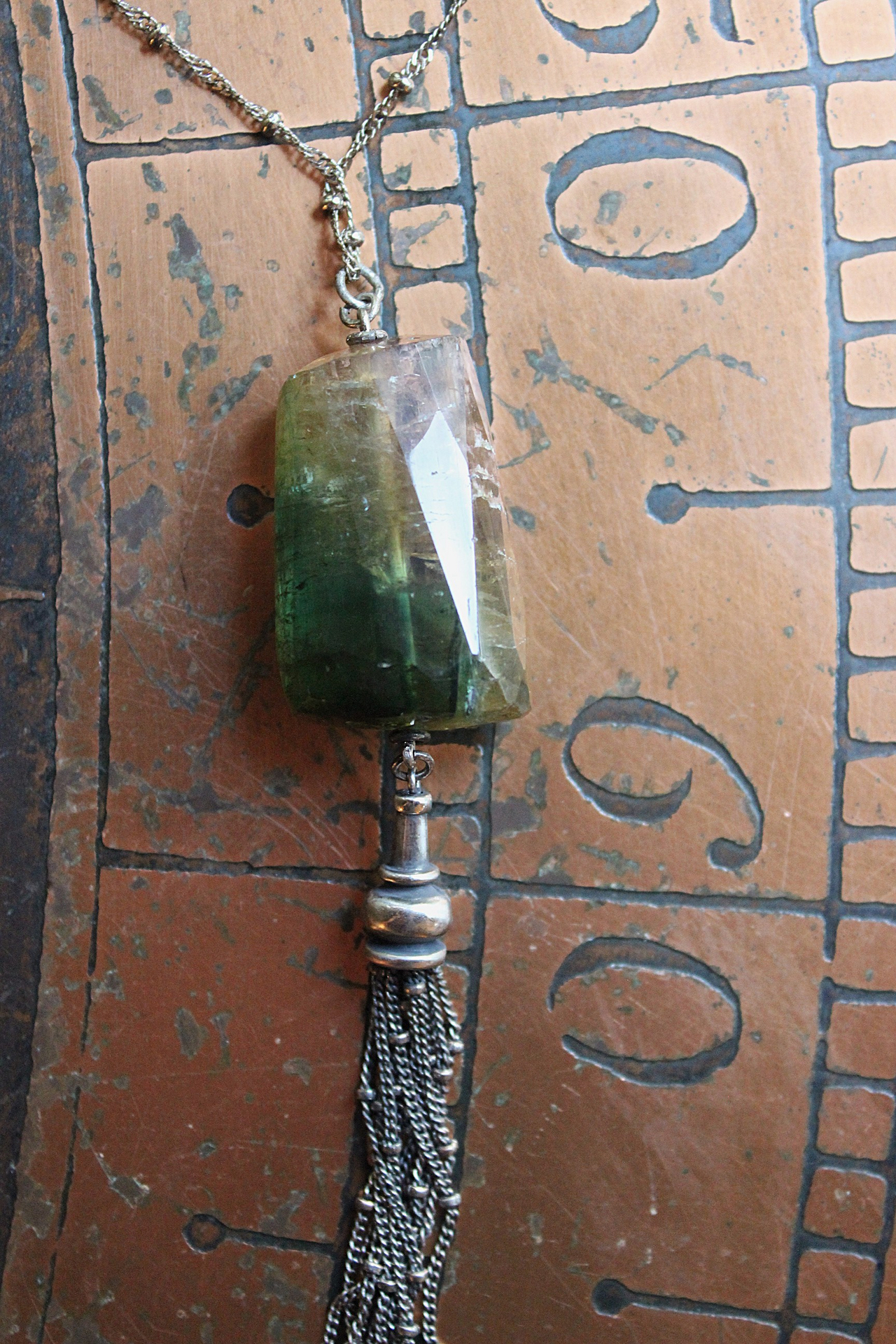 SOLD TO D Checkerboard Faceted Barrel Cut Bi-Color Tourmaline Necklace with Sterling Bead Point Chain Tassel & Chain