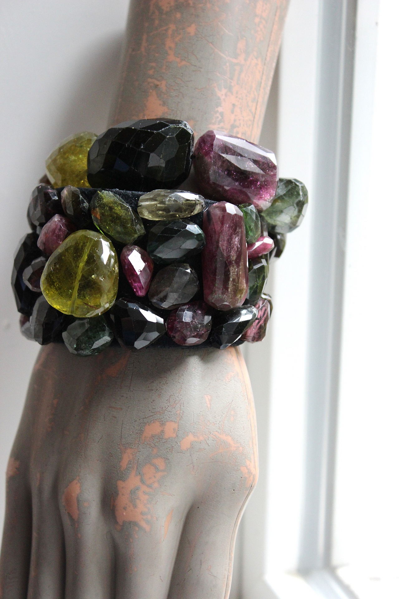 Reserved for D Faceted Tourmaline Cuff Bracelet Set with Super Rare Faceted Canary Yellow & Multiple Checkerboard Faceted Tourmaline Stones , Butter Soft Premium Black Suede Leather